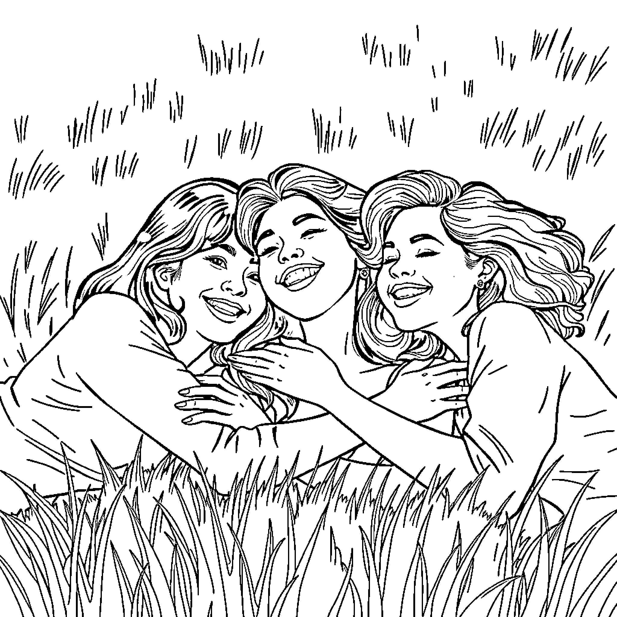 Woman Embracing in a Grassy Field Coloring Page (free black-and-white line drawing printable PDF for all, from beginners to advanced learners, including children, teens, adults, and seniors)