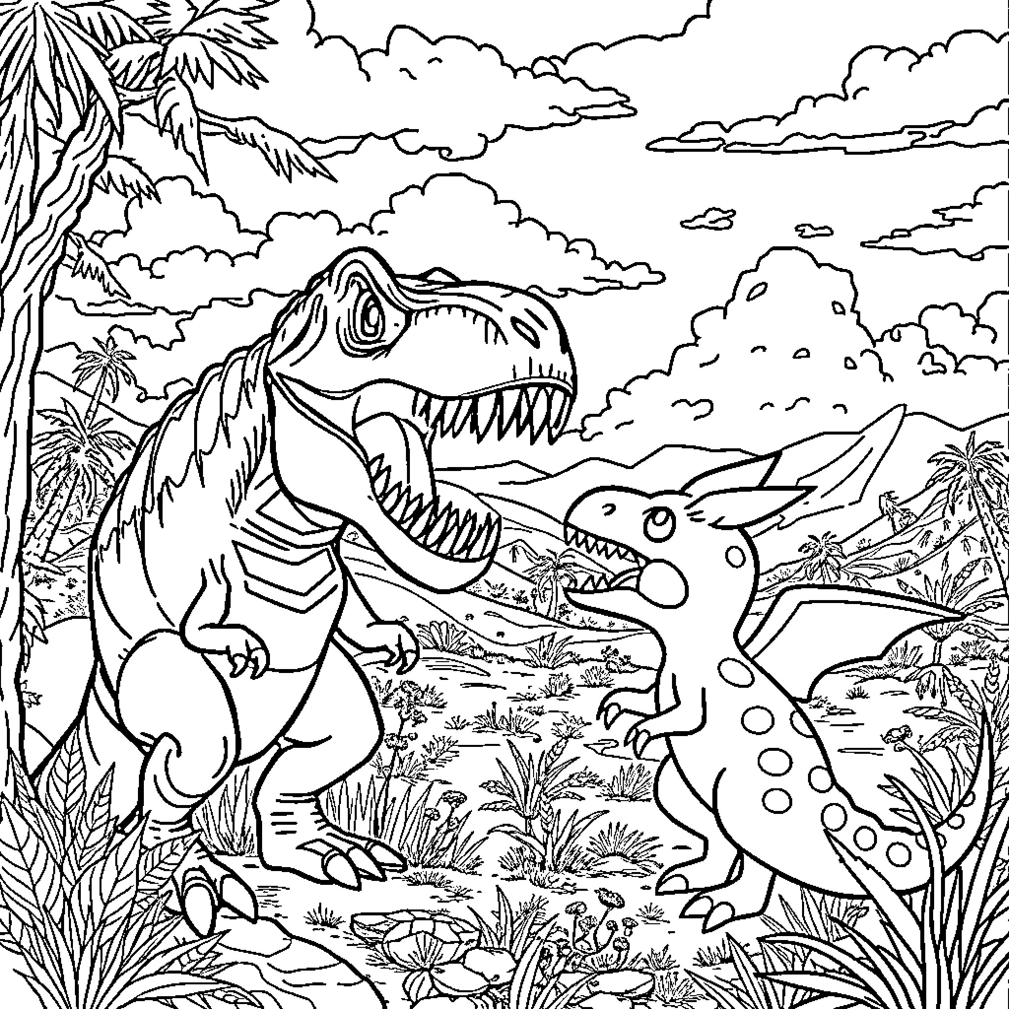 Pokémon Dinosaurs in the Prehistoric Landscape Coloring Page (free black-and-white line drawing printable PDF for all, from beginners to advanced learners, including children, teens, adults, and seniors)