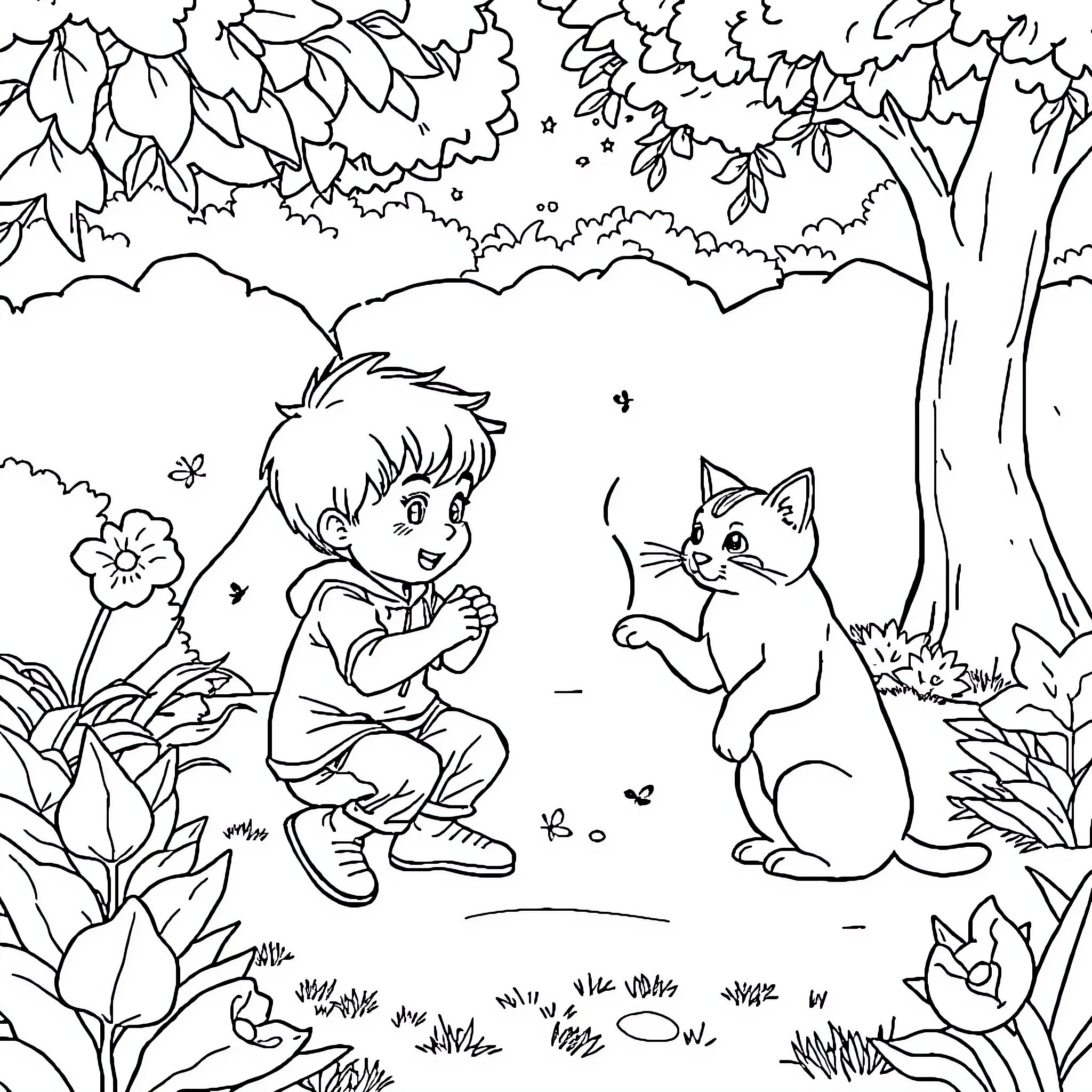 Ternurin: Boy and Curious Cat in Vibrant Forest Coloring Page (free black-and-white line drawing printable PDF for all, from beginners to advanced learners, including children, teens, adults, and seniors)