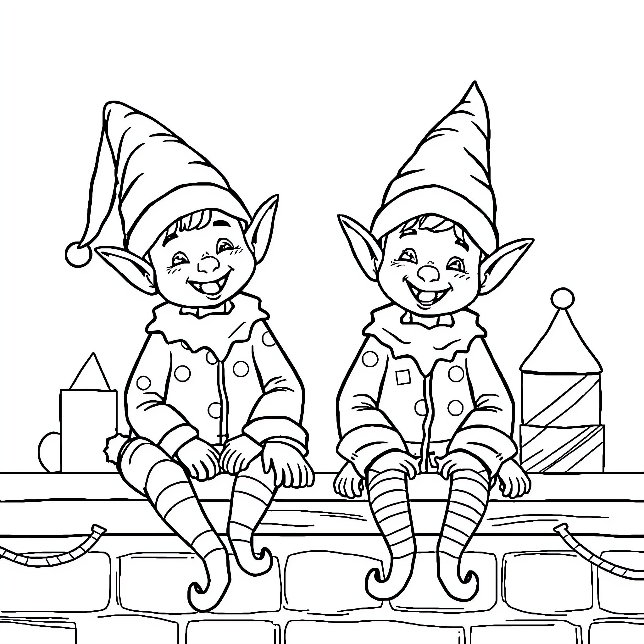 Elf Companions Sitting on a Bench Coloring Page (free black-and-white line drawing printable PDF for all, from beginners to advanced learners, including children, teens, adults, and seniors)