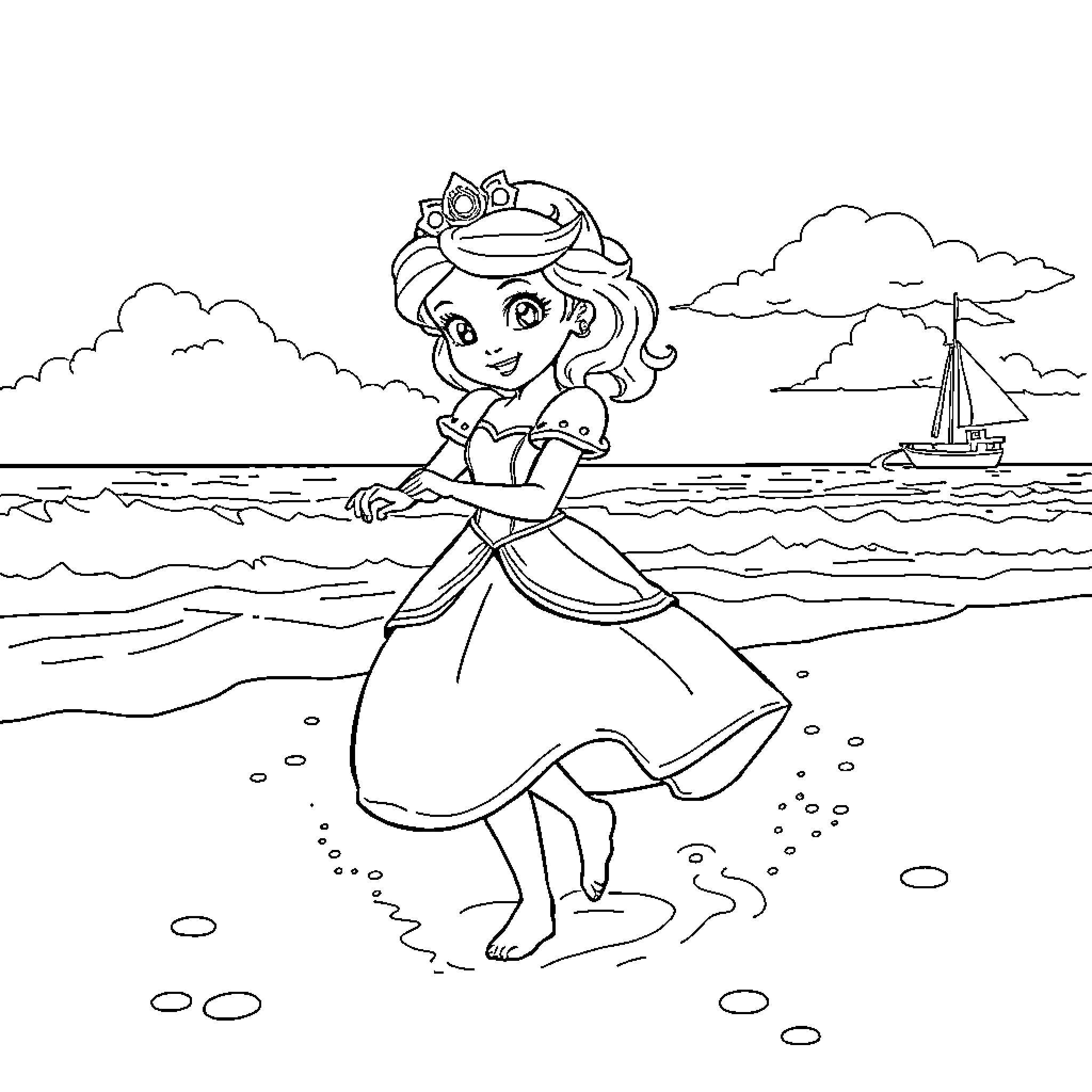 Princess Sofia enjoying a day at the beach Coloring Page (free black-and-white line drawing printable PDF for all, from beginners to advanced learners, including children, teens, adults, and seniors)