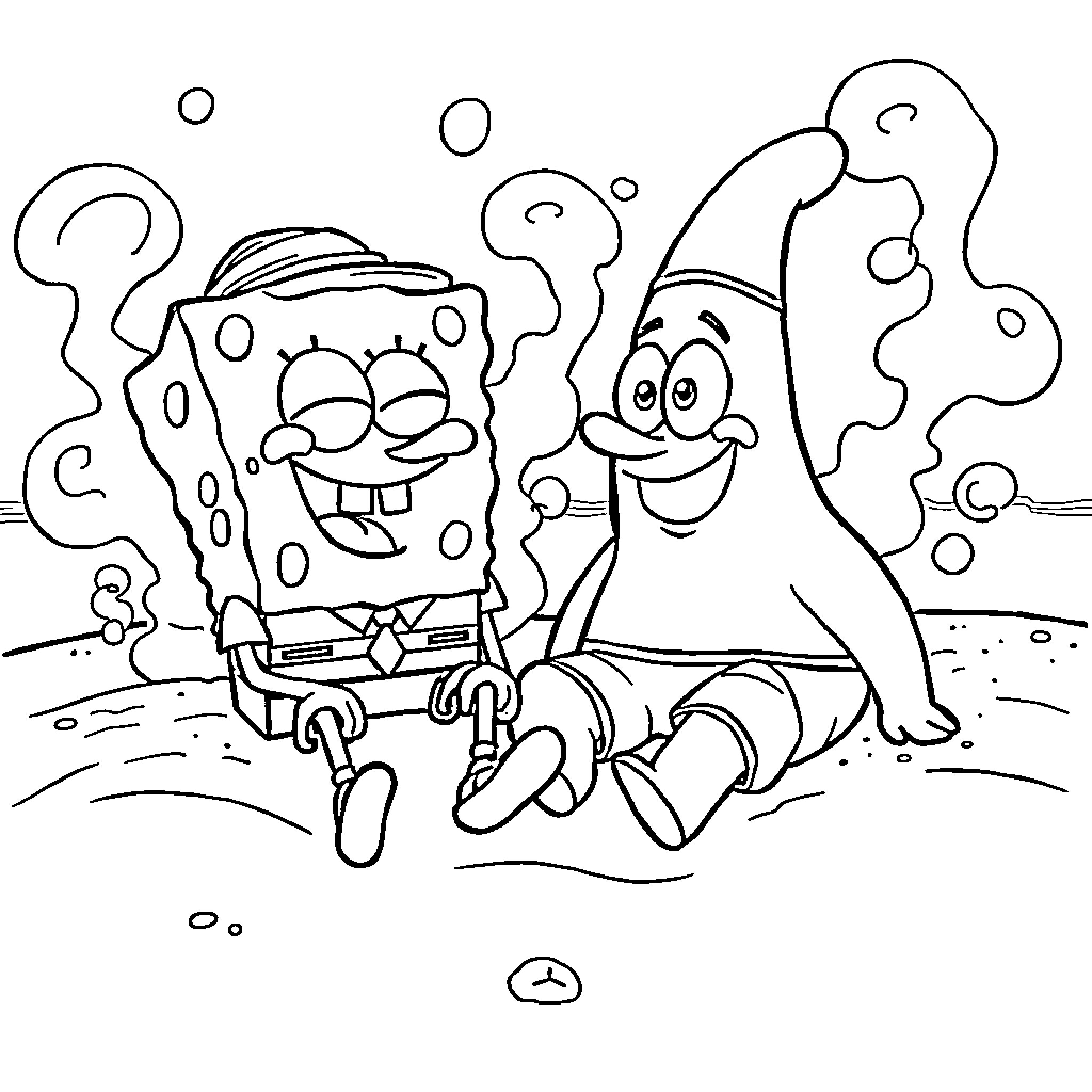 Spongebob and Patrick having fun underwater Coloring Page (free black-and-white line drawing printable PDF for all, from beginners to advanced learners, including children, teens, adults, and seniors)