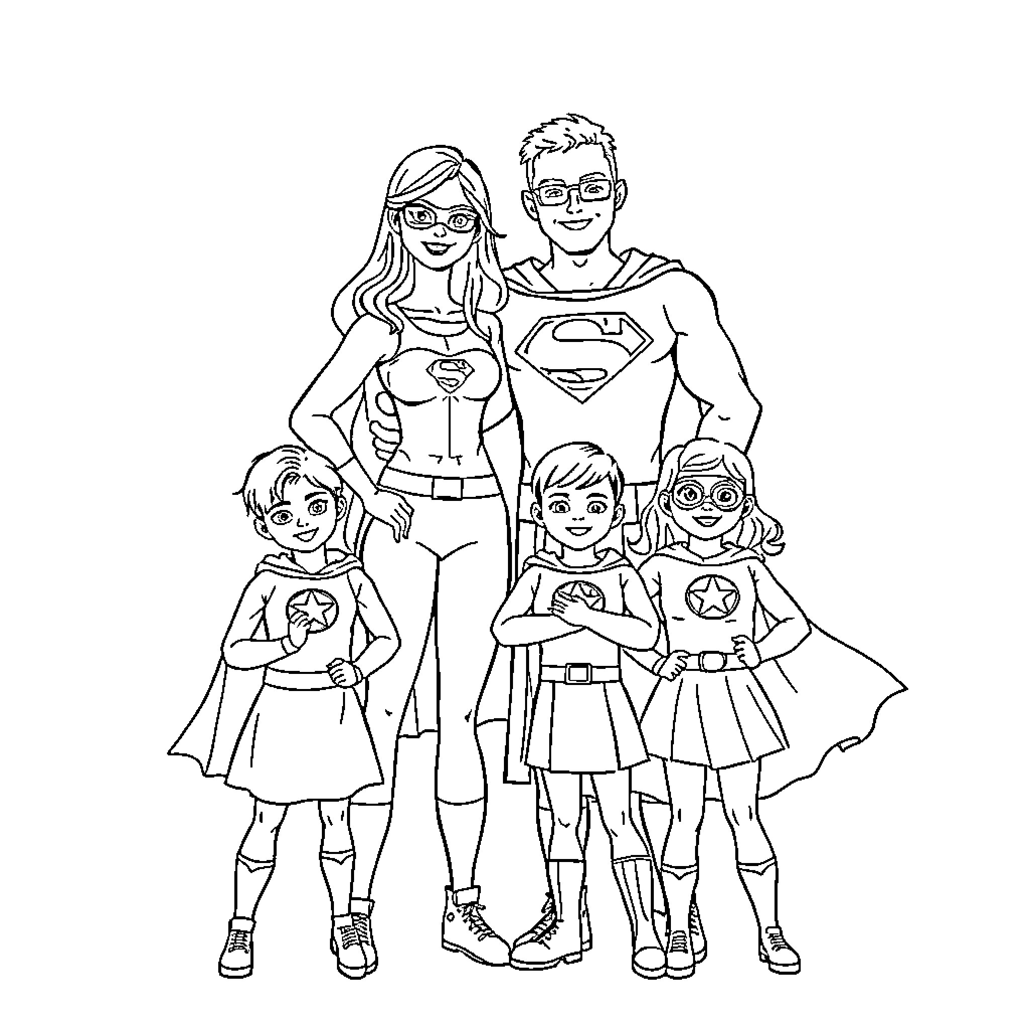 Superhero Family Embracing Together in Costume Coloring Page (free black-and-white line drawing printable PDF for all, from beginners to advanced learners, including children, teens, adults, and seniors)