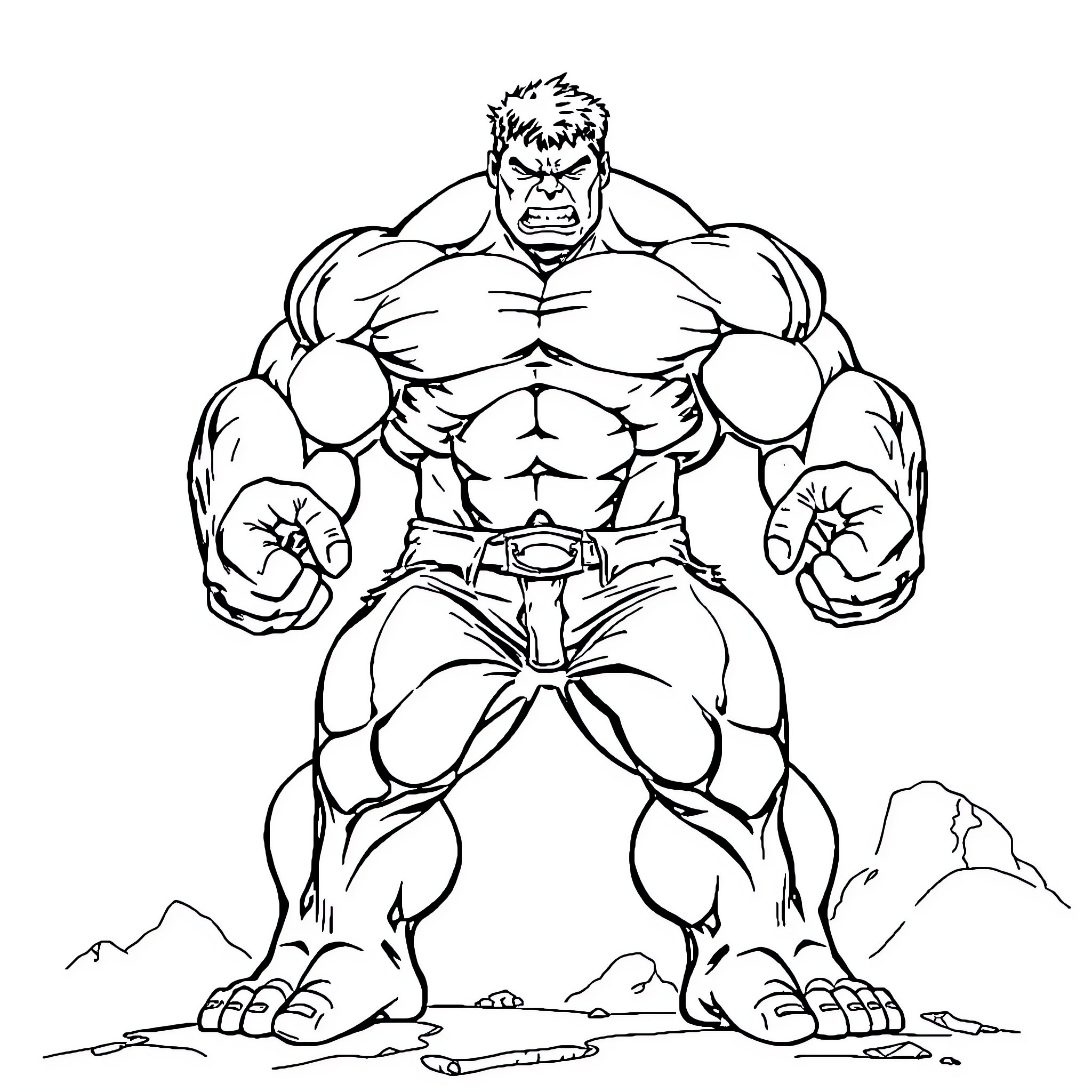 Hulk flexing powerful muscles in fierce stance Coloring Page (free black-and-white line drawing printable PDF for all, from beginners to advanced learners, including children, teens, adults, and seniors)