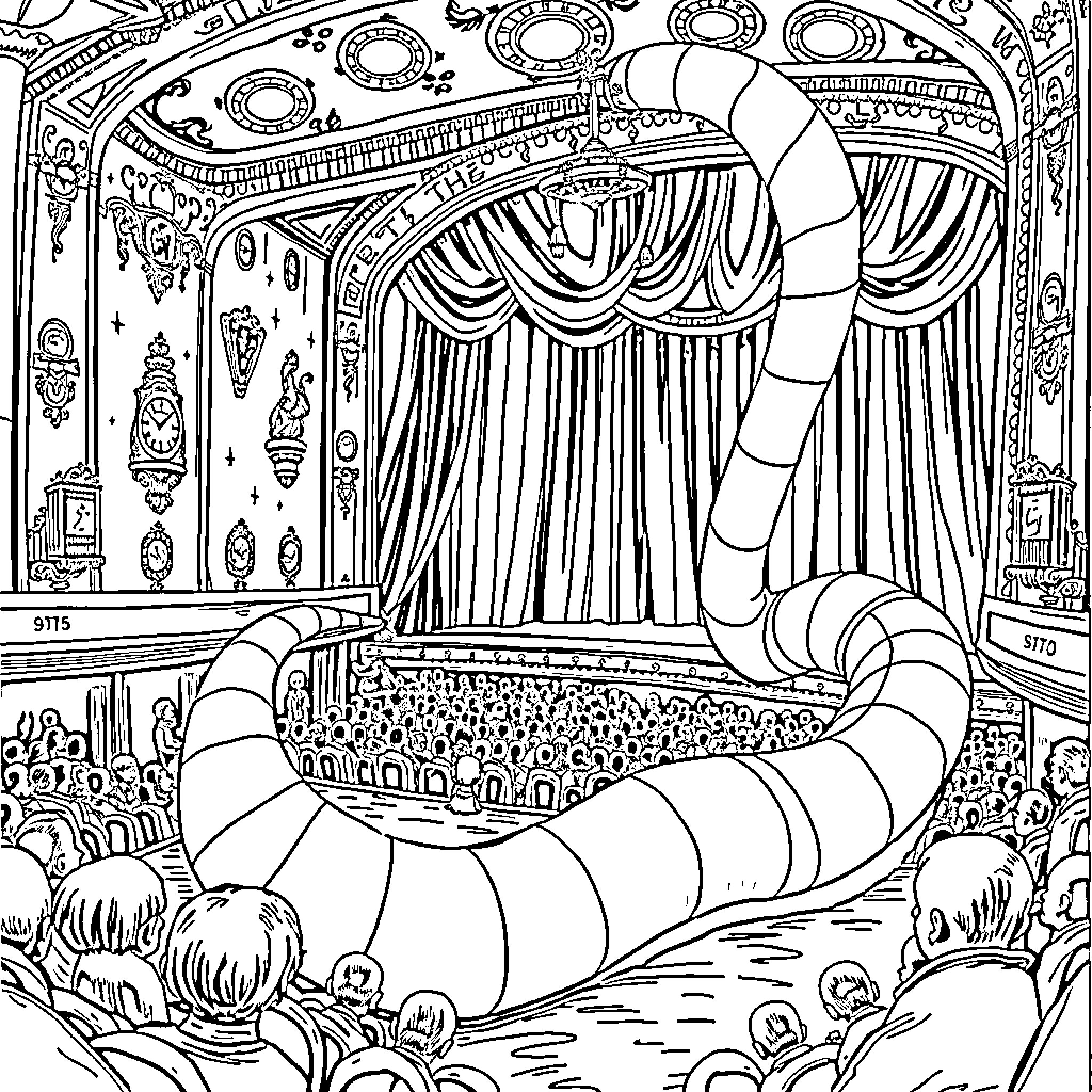 Sandworm Emerging from the Theater Stage Coloring Page (free black-and-white line drawing printable PDF for all, from beginners to advanced learners, including children, teens, adults, and seniors)