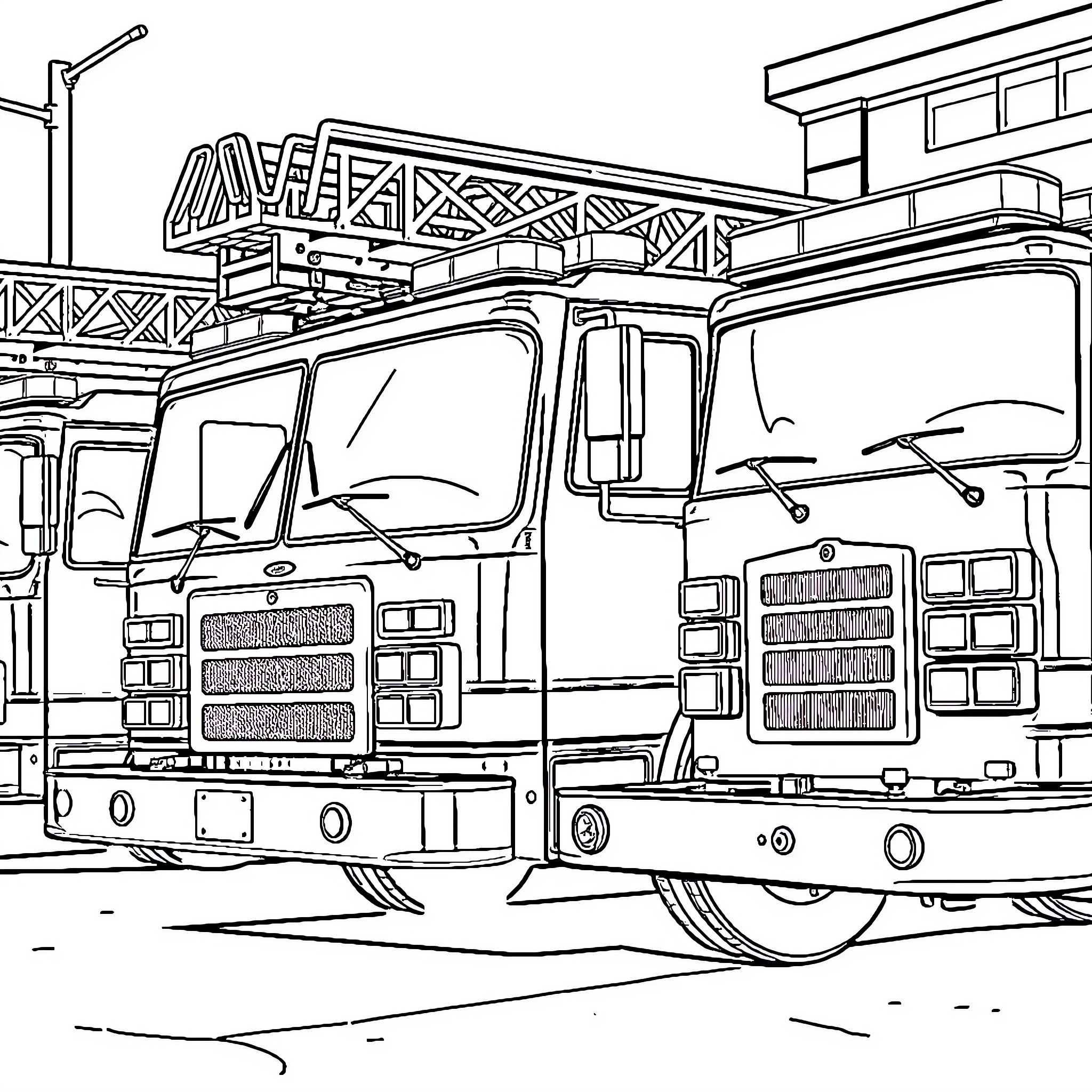 Firetrucks in action at emergency scene Coloring Page (free black-and-white line drawing printable PDF for all, from beginners to advanced learners, including children, teens, adults, and seniors)