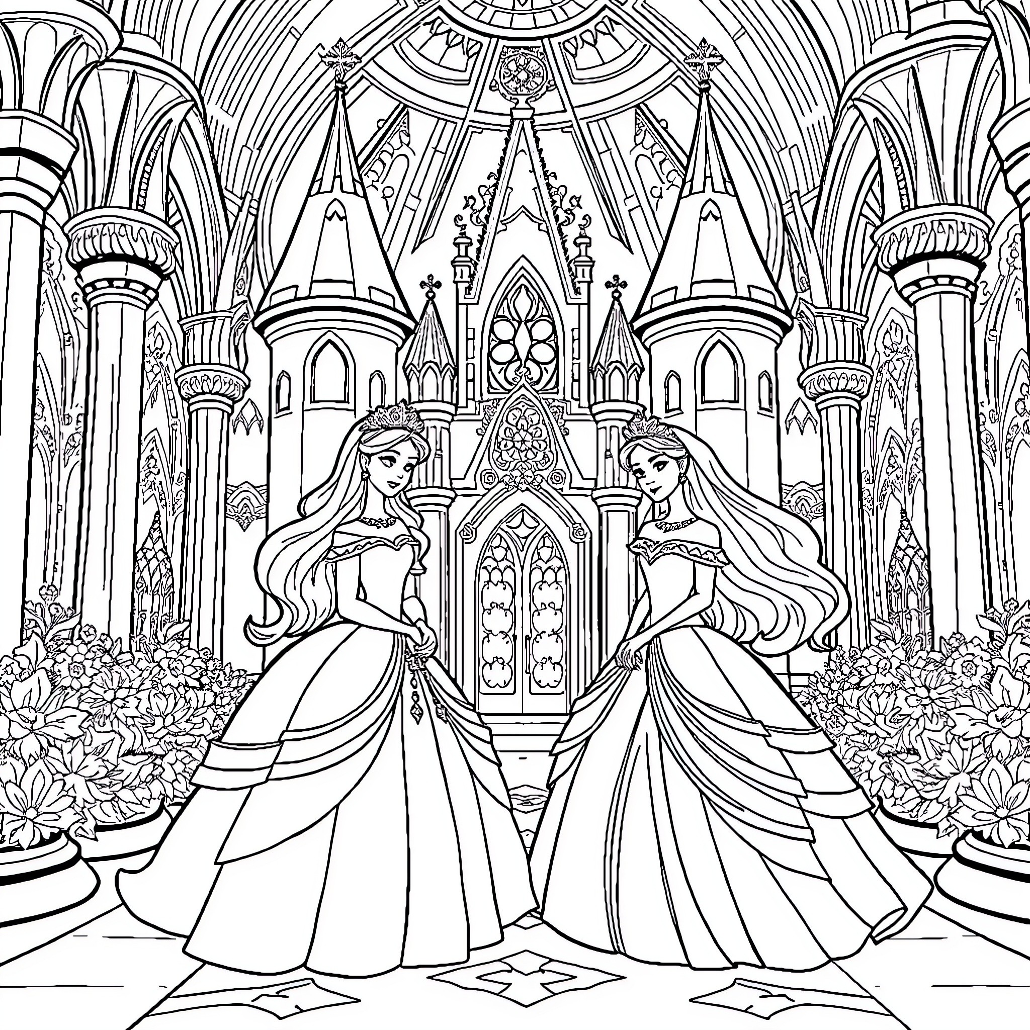Princess's Enchanting Castle Adventure Coloring Page (free black-and-white line drawing printable PDF for all, from beginners to advanced learners, including children, teens, adults, and seniors)