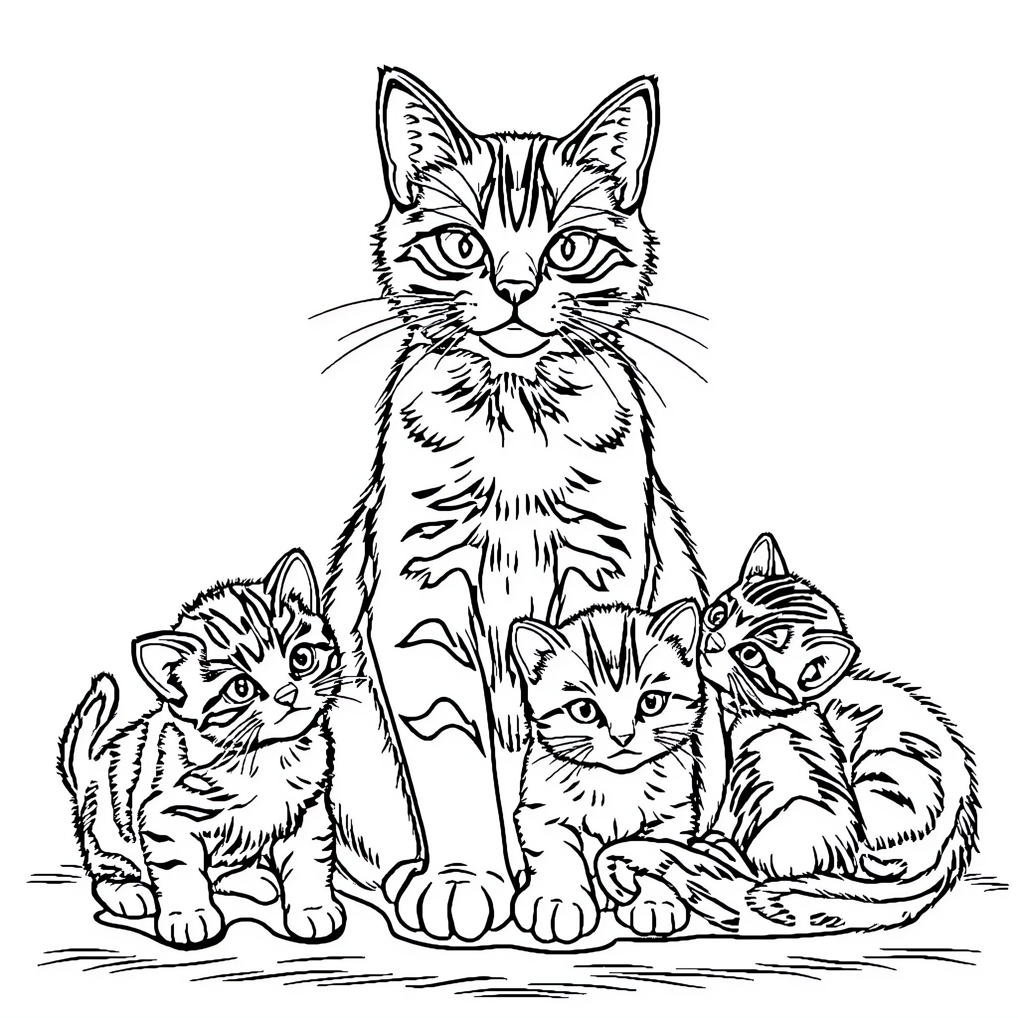 Cat and Kittens Playing Together Coloring Page (free black-and-white line drawing printable PDF for all, from beginners to advanced learners, including children, teens, adults, and seniors)