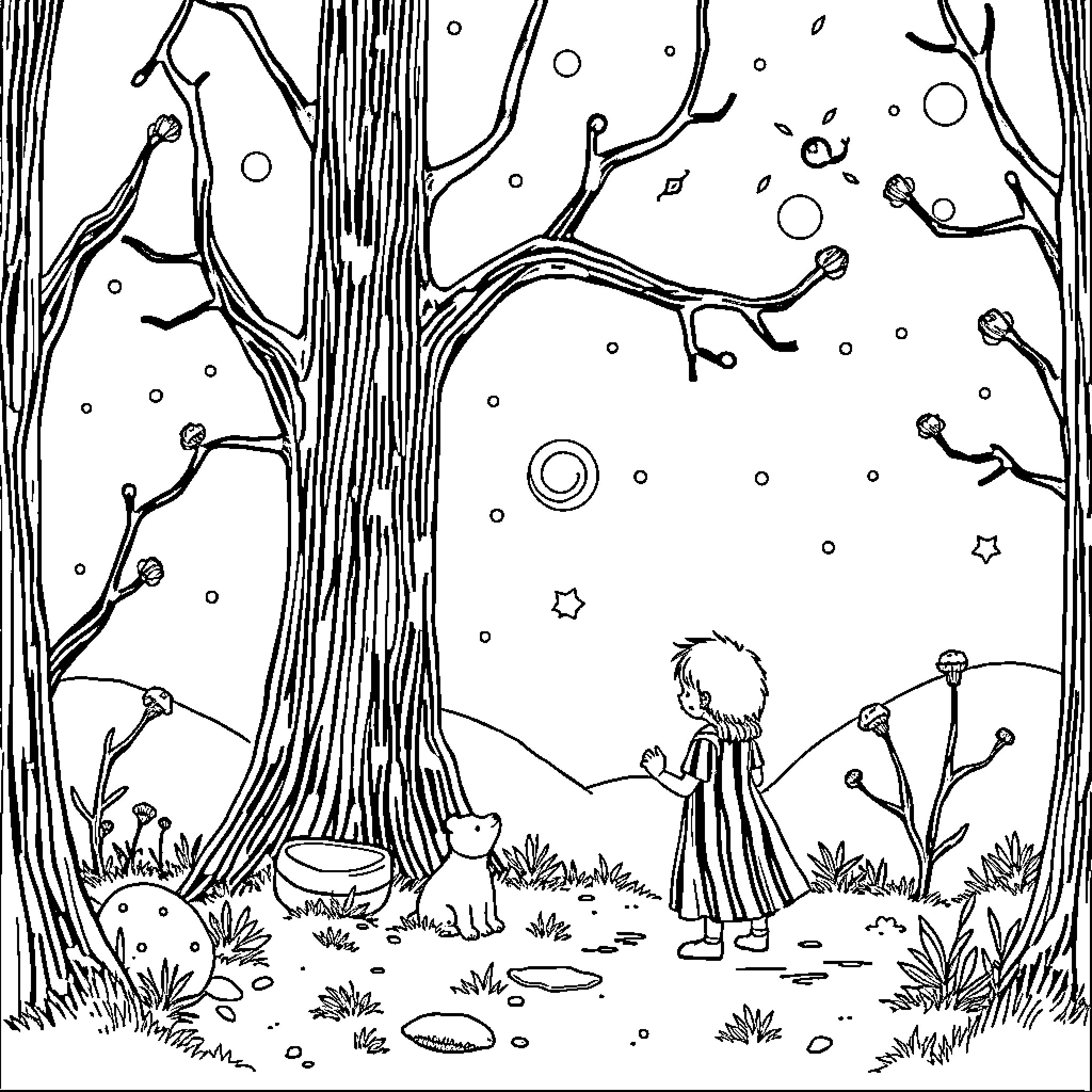 Oliver Jeffers - Whimsical figure exploring enchanted forest Coloring Page (free black-and-white line drawing printable PDF for all, from beginners to advanced learners, including children, teens, adults, and seniors)