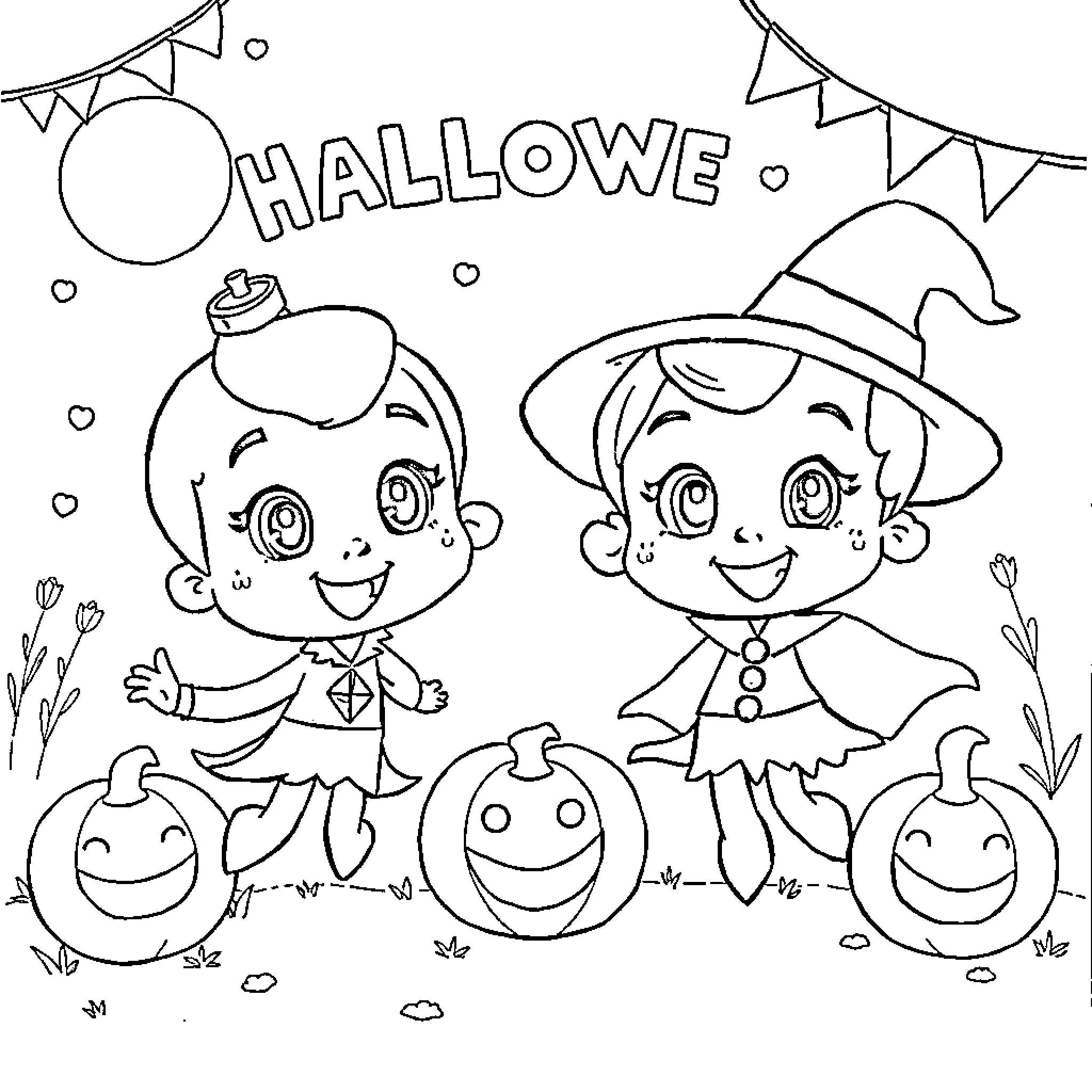 Bubble Guppies celebrate Halloween together Coloring Page (free black-and-white line drawing printable PDF for all, from beginners to advanced learners, including children, teens, adults, and seniors)