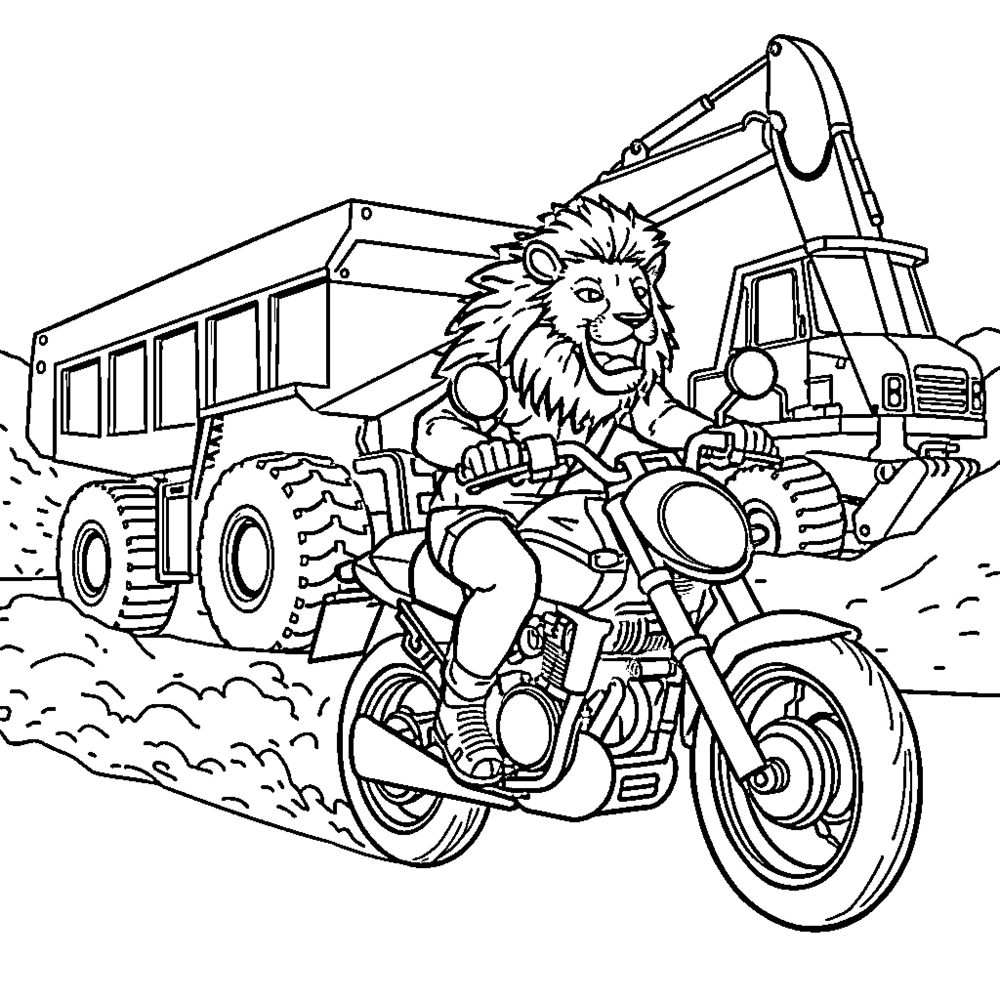 Lion riding motorcycle with construction vehicle Coloring Page (free black-and-white line drawing printable PDF for all, from beginners to advanced learners, including children, teens, adults, and seniors)