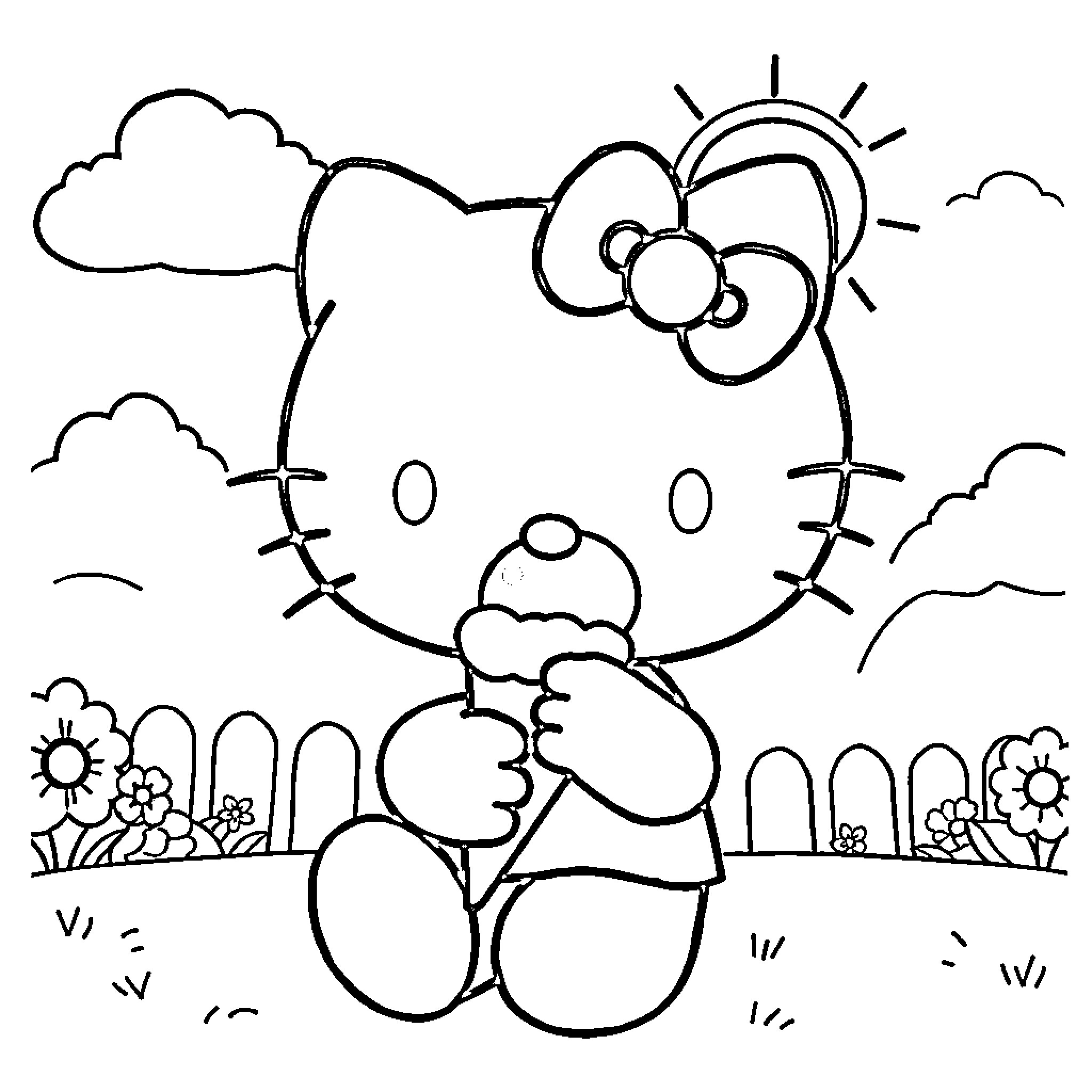 Hello Kitty enjoying a sunny day outdoors Coloring Page (free black-and-white line drawing printable PDF for all, from beginners to advanced learners, including children, teens, adults, and seniors)