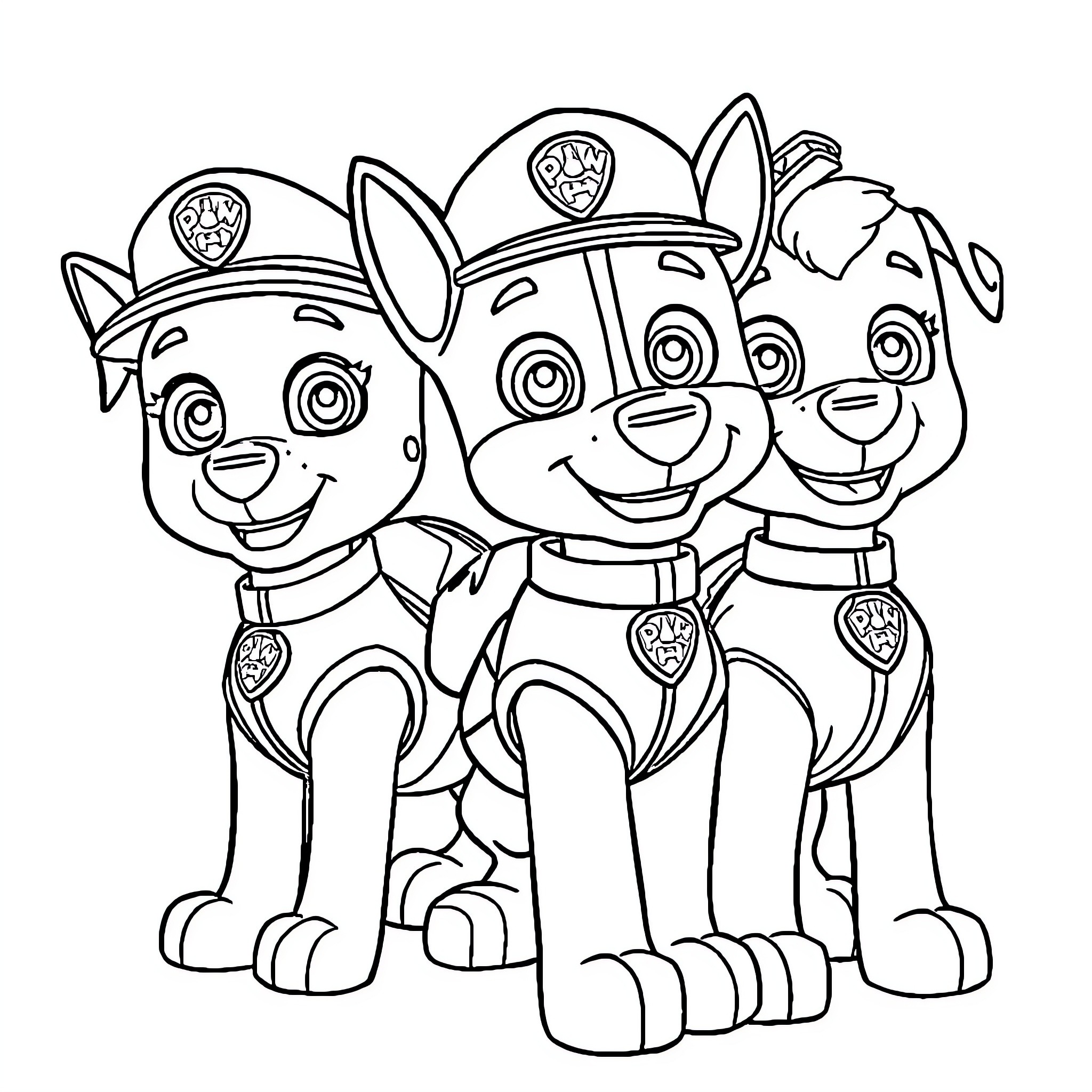 Paw Patrol puppies in uniform ready for action Coloring Page (free black-and-white line drawing printable PDF for all, from beginners to advanced learners, including children, teens, adults, and seniors)