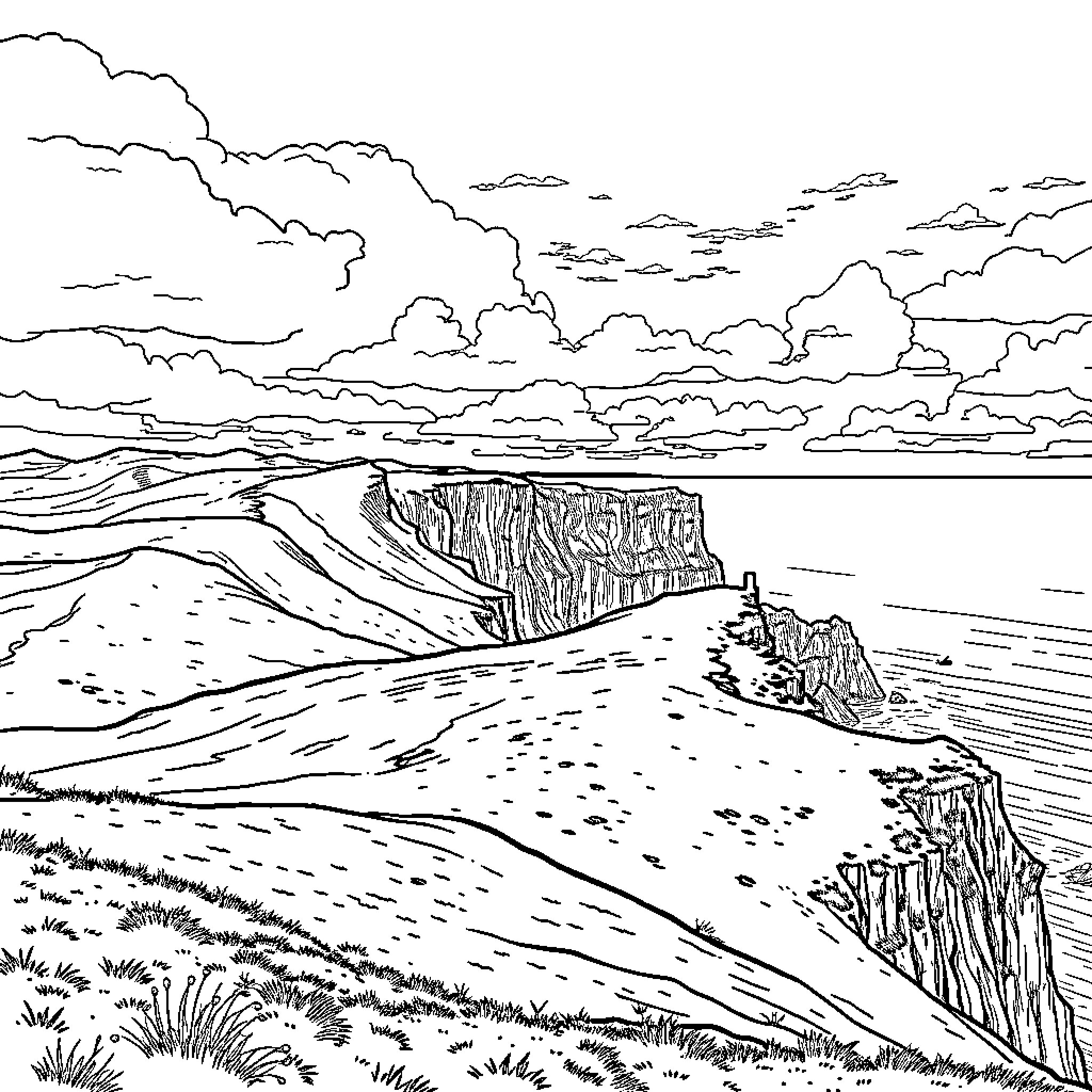 Ireland's Dramatic Cliffs and Rugged Coastline Coloring Page (free black-and-white line drawing printable PDF for all, from beginners to advanced learners, including children, teens, adults, and seniors)