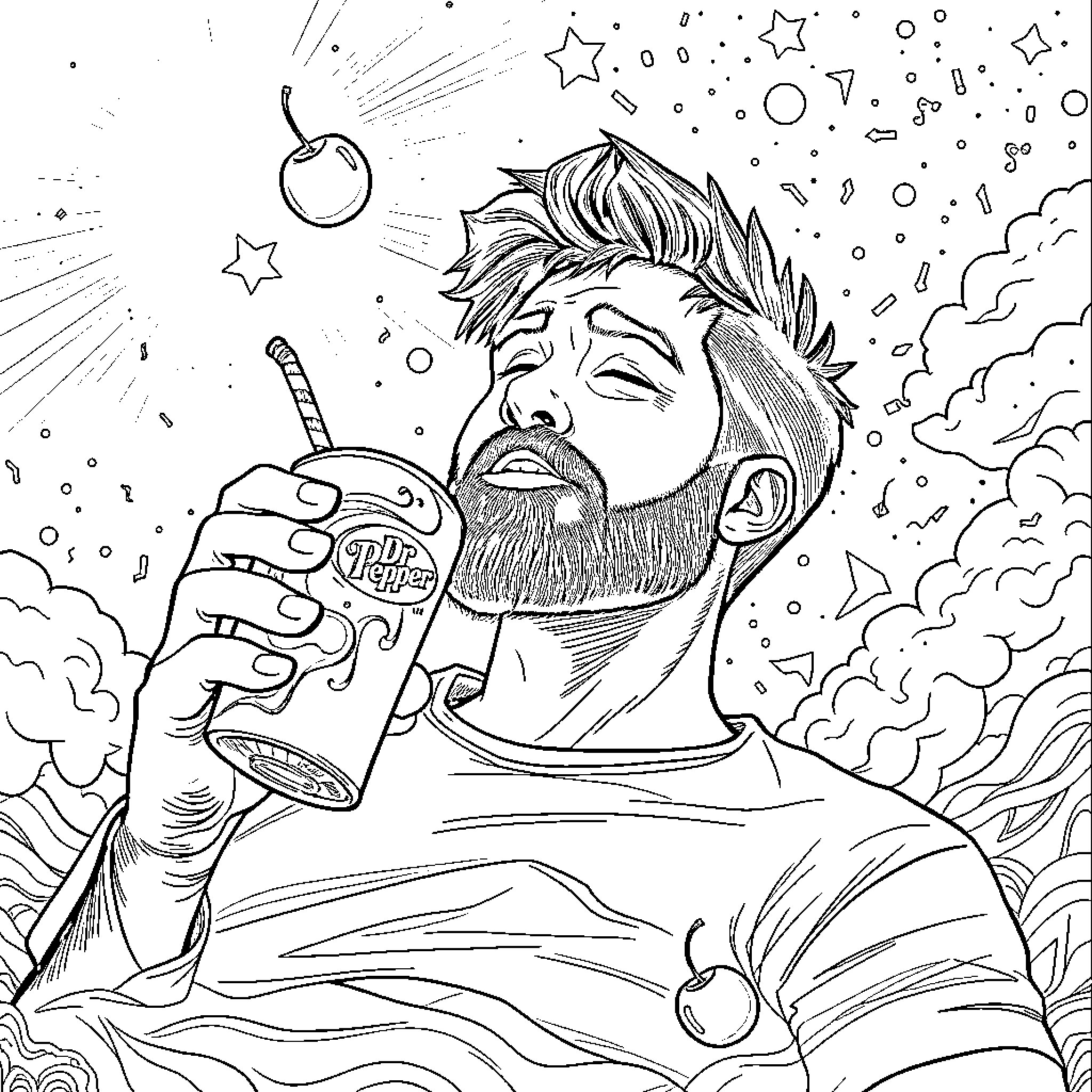 Jeremy Higgins enjoying a refreshing drink amidst whimsical surroundings Coloring Page (free black-and-white line drawing printable PDF for all, from beginners to advanced learners, including children, teens, adults, and seniors)