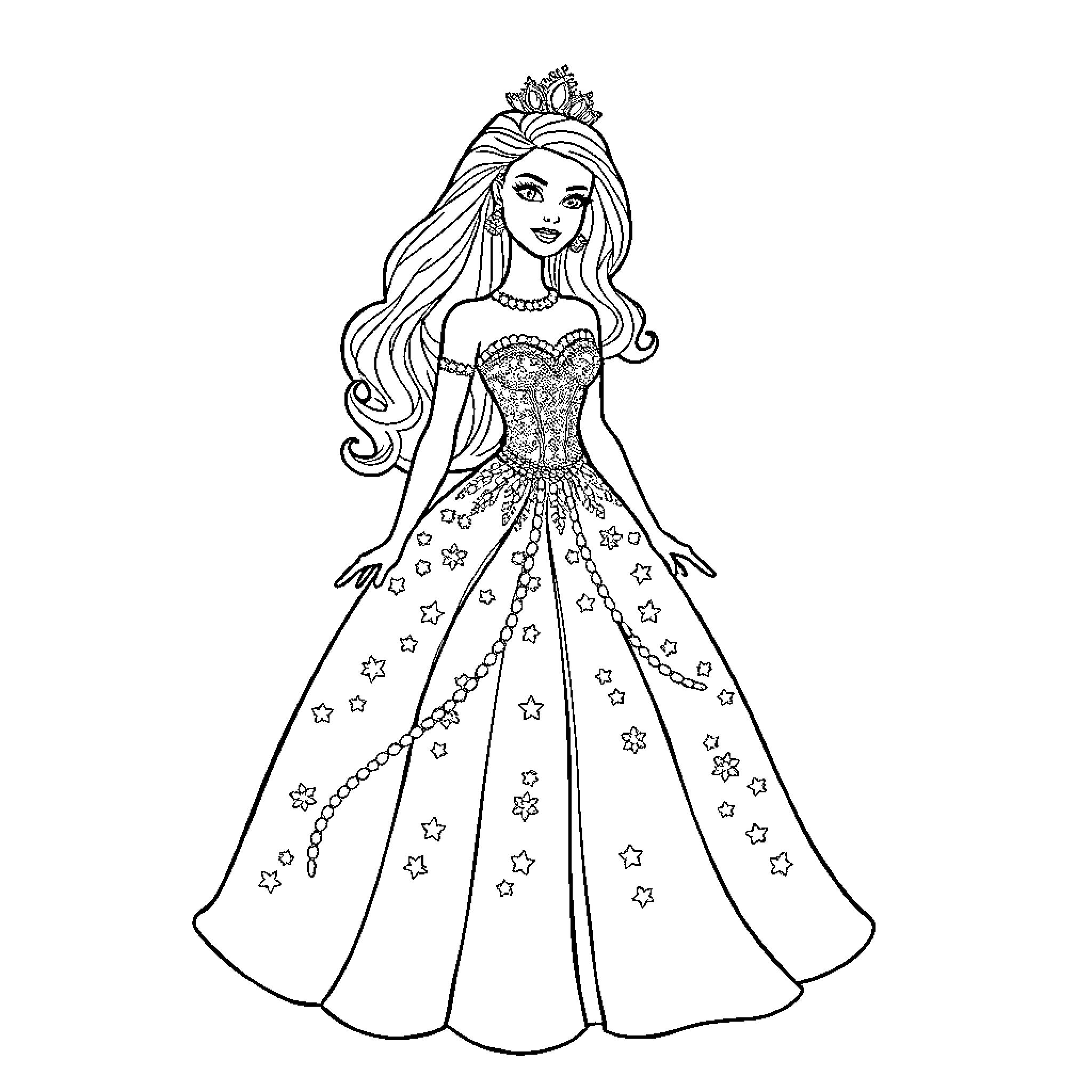 Barbie in Sparkling Gown and Tiara Coloring Page (free black-and-white line drawing printable PDF for all, from beginners to advanced learners, including children, teens, adults, and seniors)