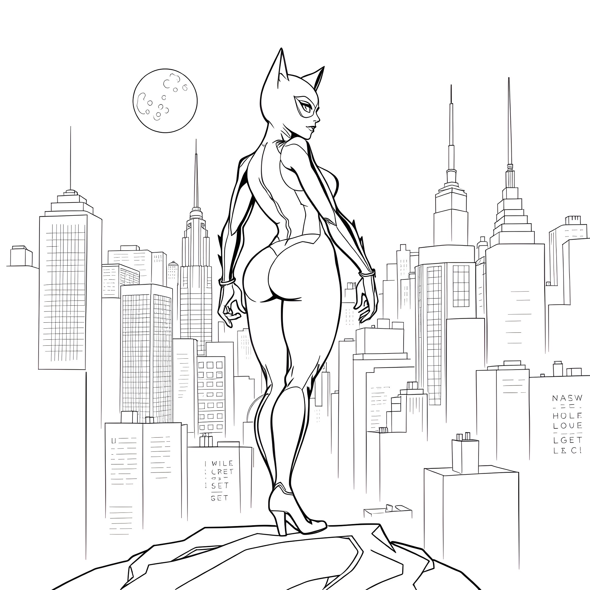 Catwoman overlooking the cityscape Coloring Page (free black-and-white line drawing printable PDF for all, from beginners to advanced learners, including children, teens, adults, and seniors)