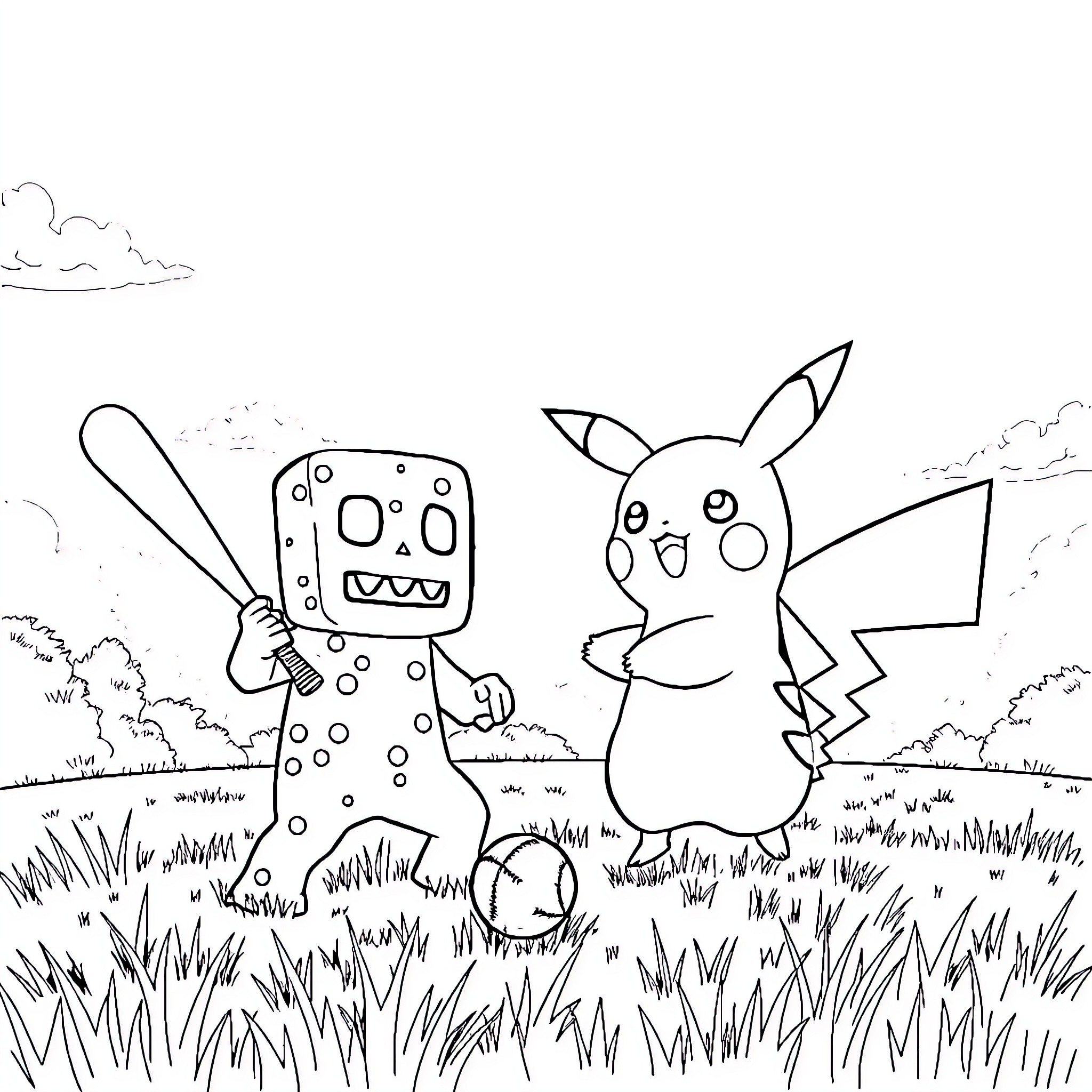 Creeper and Pikachu playing in the park Coloring Page (free black-and-white line drawing printable PDF for all, from beginners to advanced learners, including children, teens, adults, and seniors)