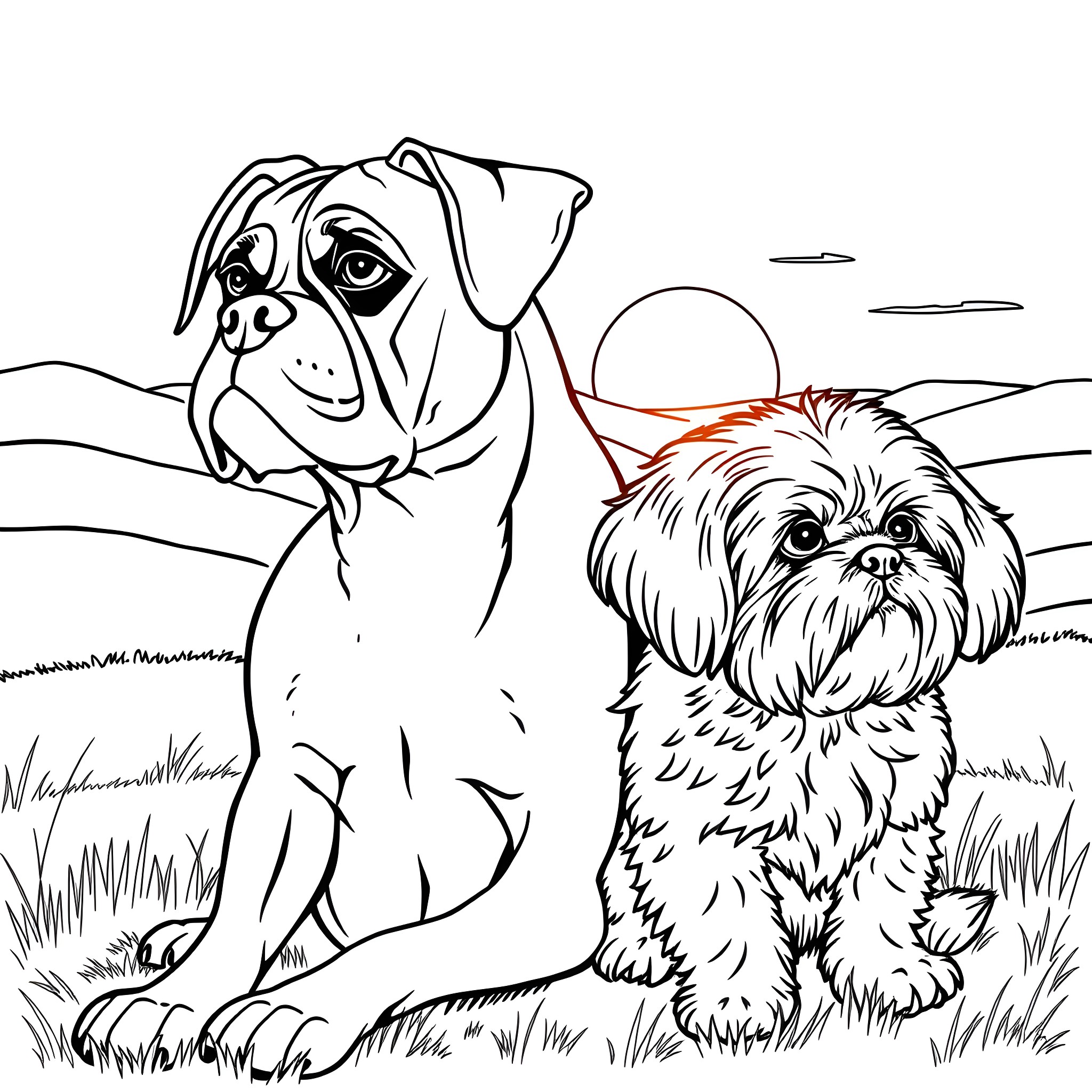 Dogs relaxing peacefully in the countryside Coloring Page (free black-and-white line drawing printable PDF for all, from beginners to advanced learners, including children, teens, adults, and seniors)