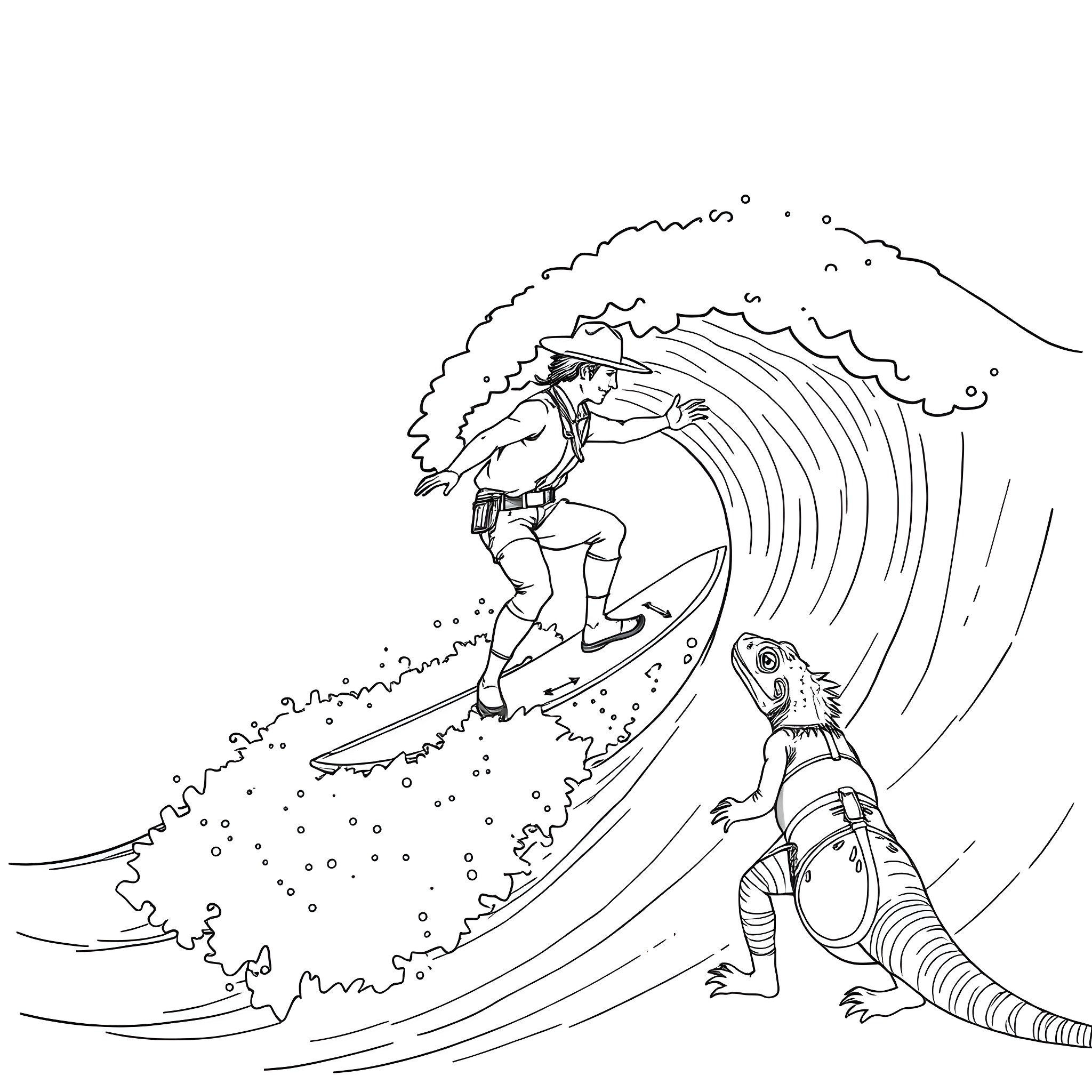 Cowboy Surfer Rides Giant Wave with Dinosaur Coloring Page (free black-and-white line drawing printable PDF for all, from beginners to advanced learners, including children, teens, adults, and seniors)