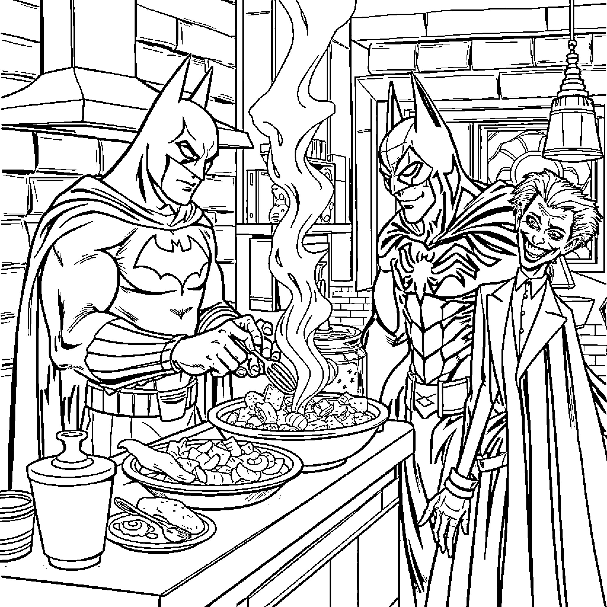 Batman and the Joker Dining Together Coloring Page (free black-and-white line drawing printable PDF for all, from beginners to advanced learners, including children, teens, adults, and seniors)