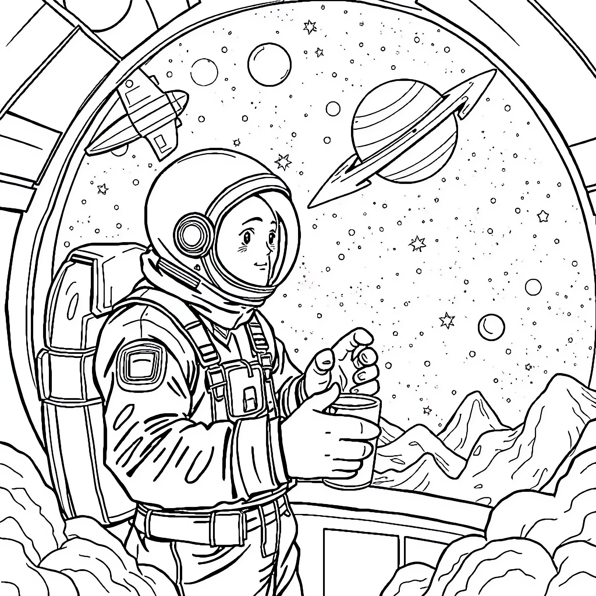 Astronaut exploring the wondrous universe Coloring Page (free black-and-white line drawing printable PDF for all, from beginners to advanced learners, including children, teens, adults, and seniors)