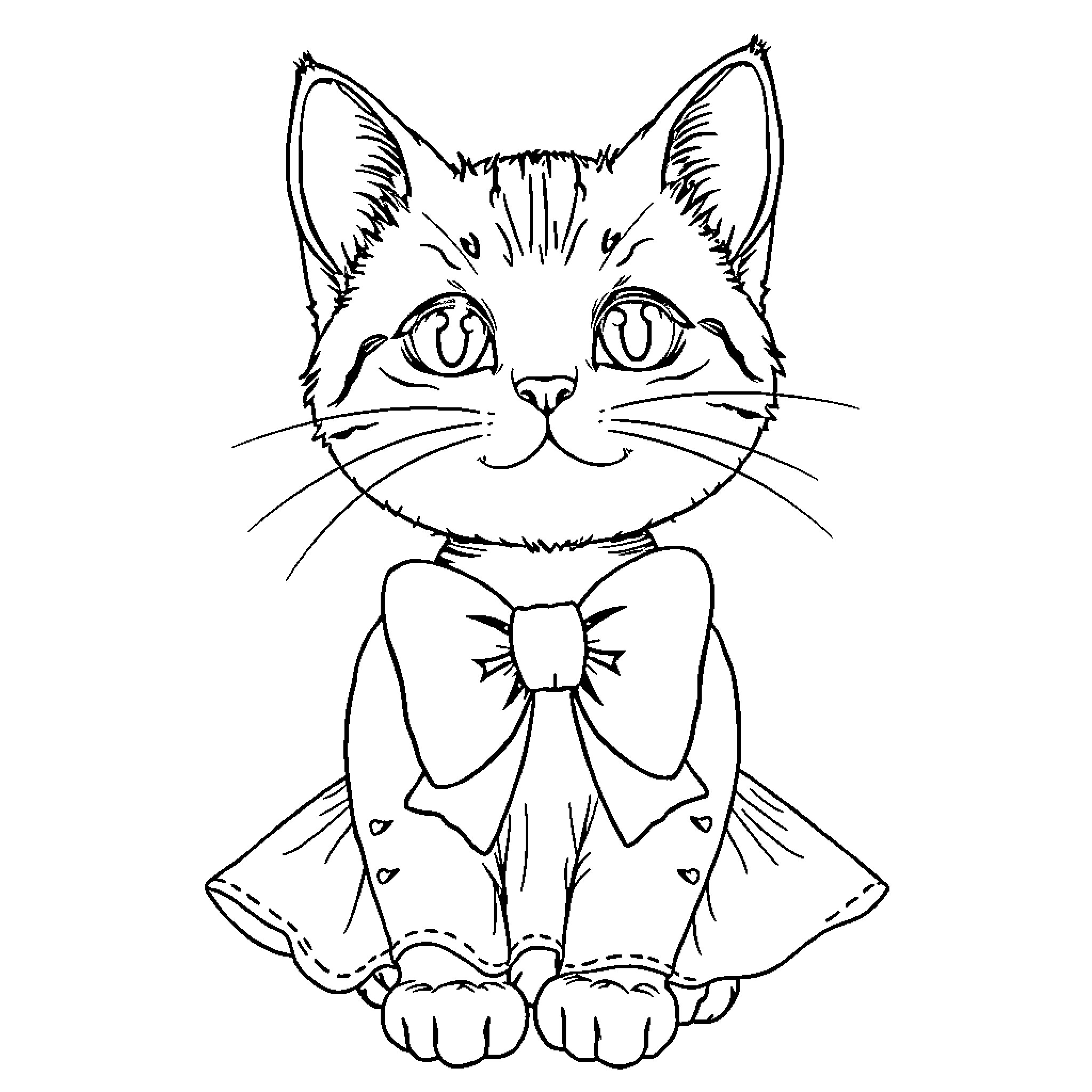 Cat dressed in fancy outfit with bow Coloring Page (free black-and-white line drawing printable PDF for all, from beginners to advanced learners, including children, teens, adults, and seniors)