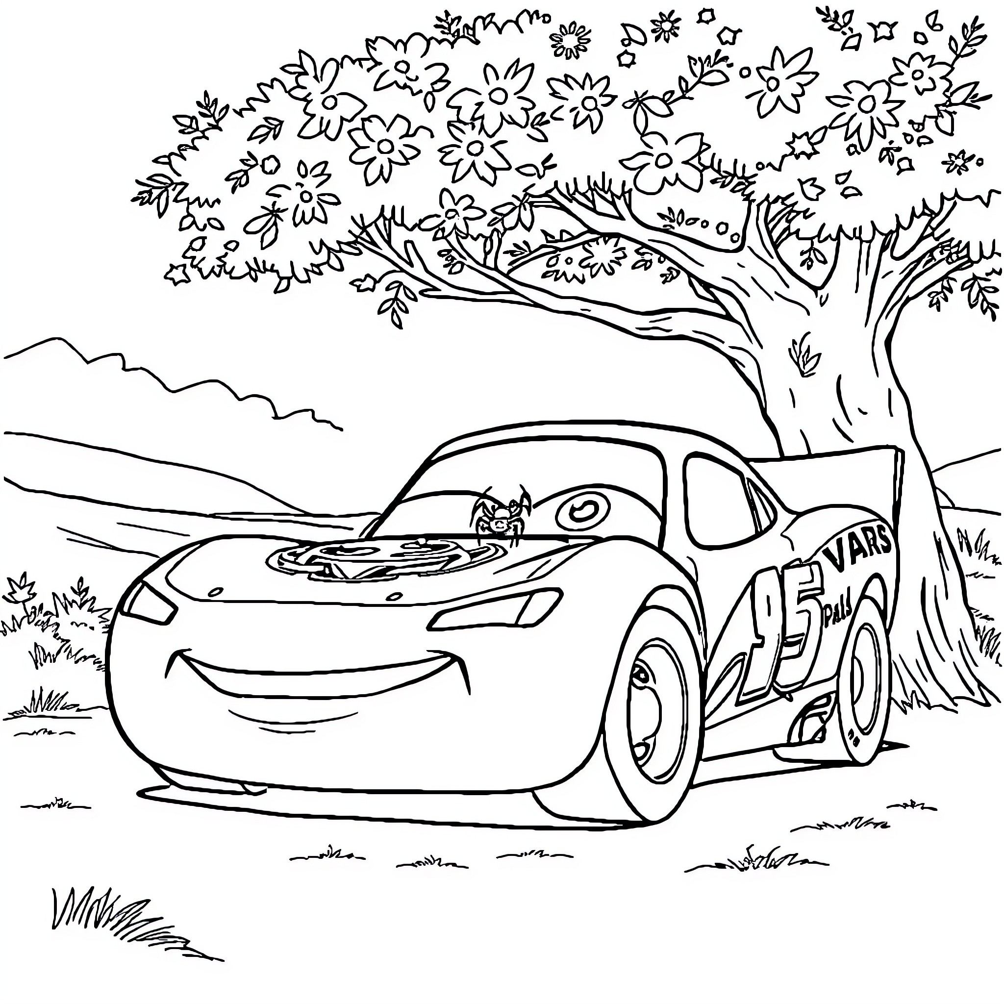 McQueen Car racing through the scenic countryside Coloring Page (free black-and-white line drawing printable PDF for all, from beginners to advanced learners, including children, teens, adults, and seniors)