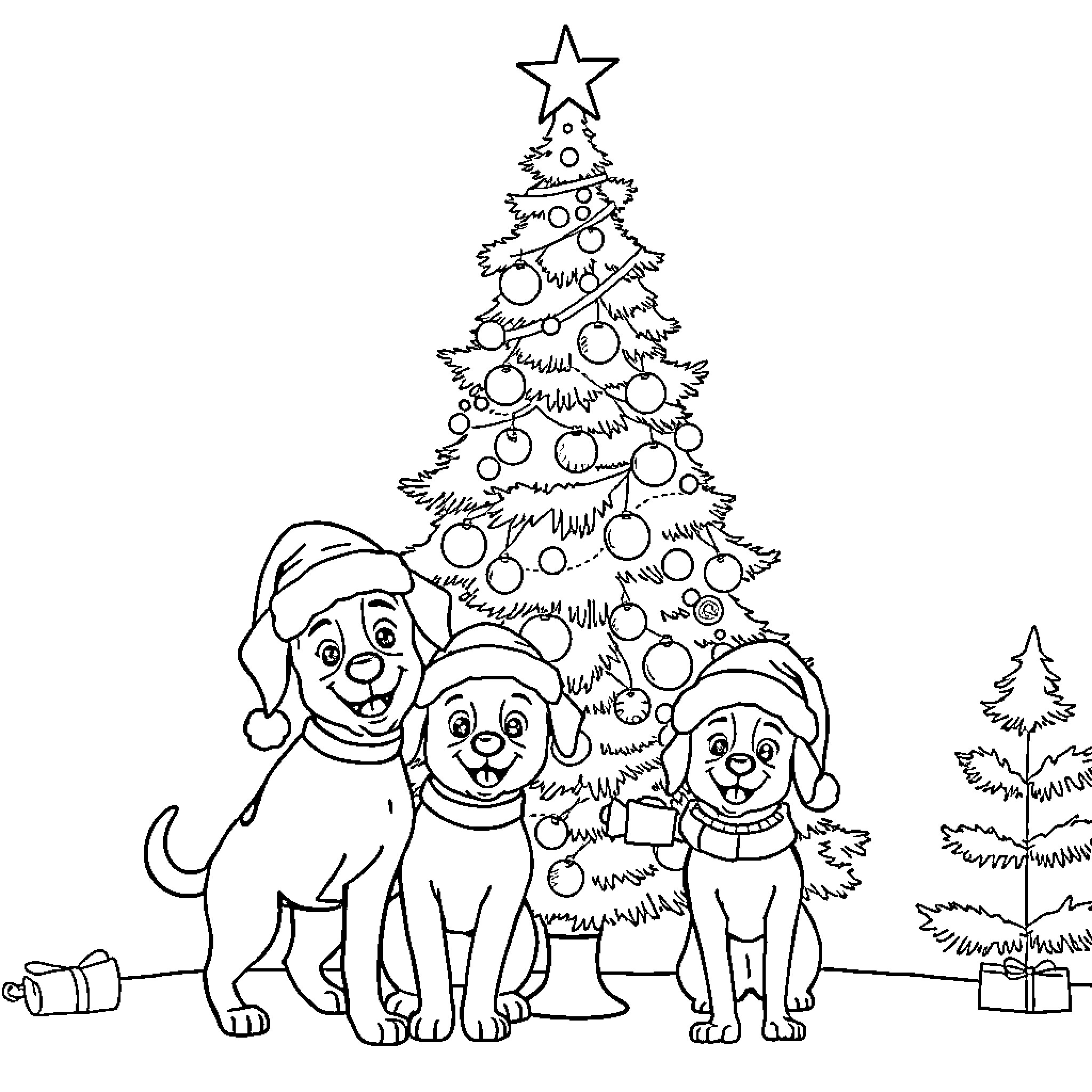 Christmas Celebration with Cheerful Dogs and Tree Coloring Page (free black-and-white line drawing printable PDF for all, from beginners to advanced learners, including children, teens, adults, and seniors)