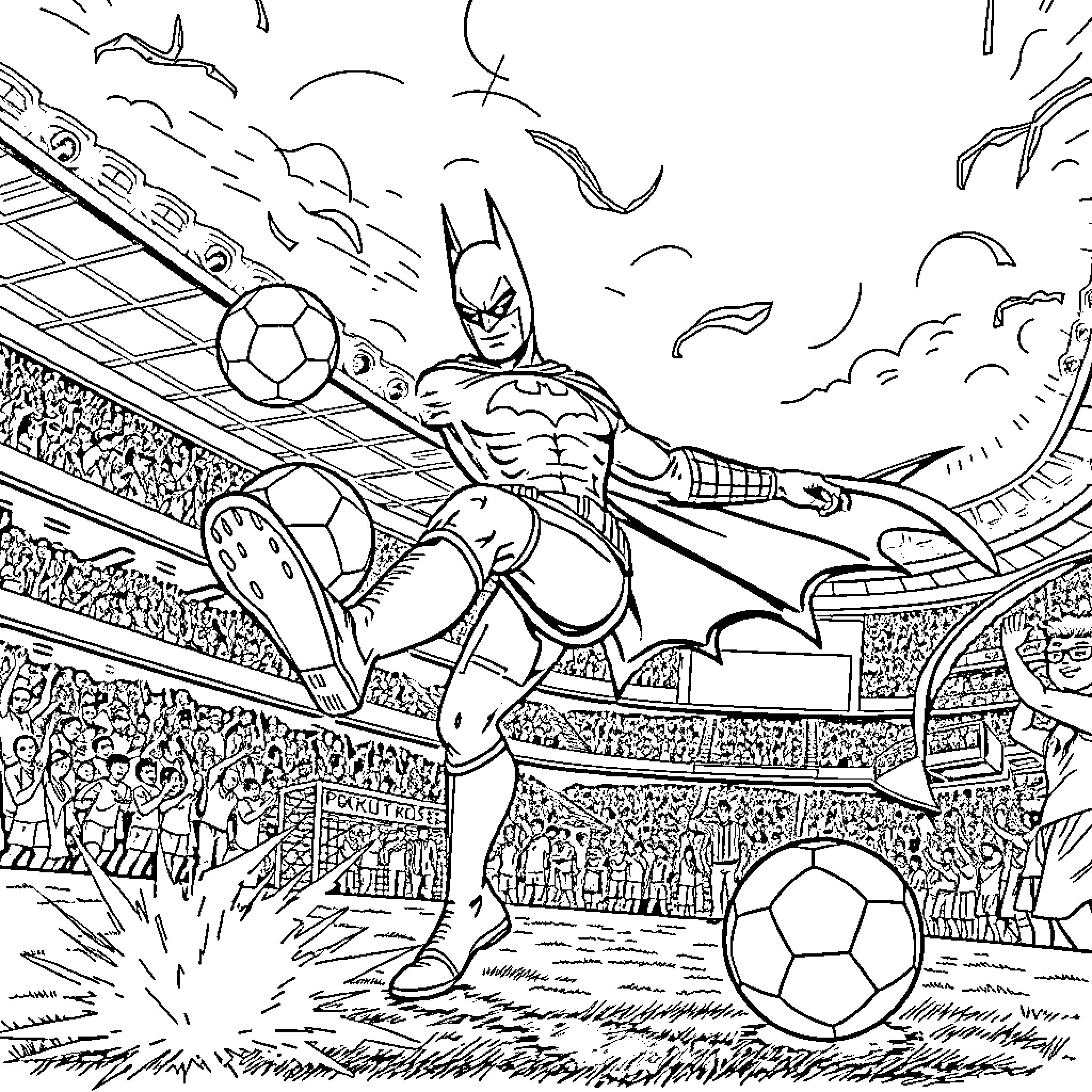 Batman Kicking Soccer Balls in a Sports Stadium Coloring Page (free black-and-white line drawing printable PDF for all, from beginners to advanced learners, including children, teens, adults, and seniors)