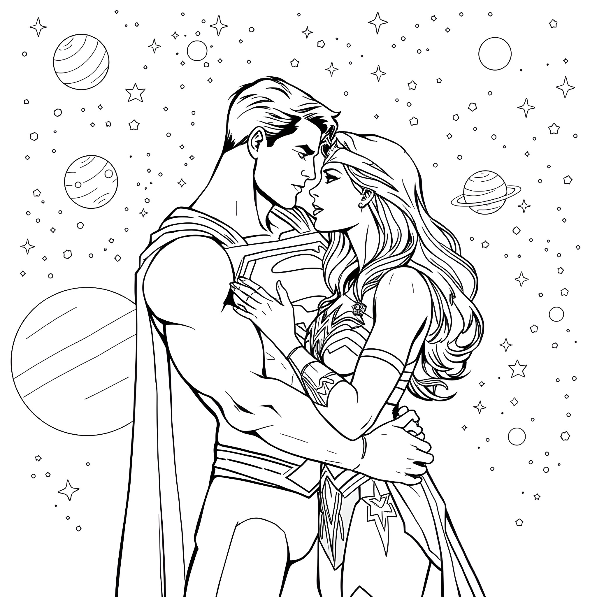 Superman embracing his beloved in the starry sky Coloring Page (free black-and-white line drawing printable PDF for all, from beginners to advanced learners, including children, teens, adults, and seniors)