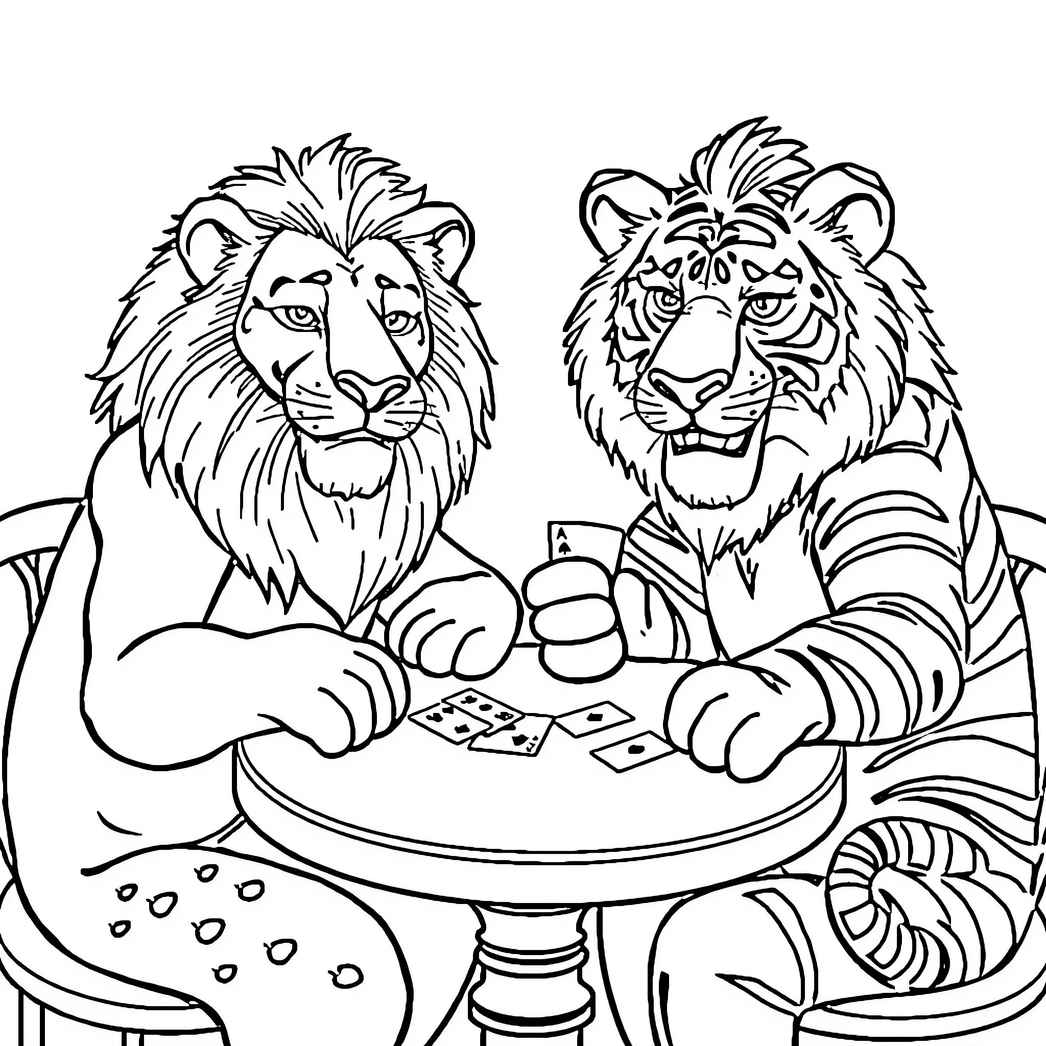 Lion Playing Cards with Tiger Companion Coloring Page (free black-and-white line drawing printable PDF for all, from beginners to advanced learners, including children, teens, adults, and seniors)