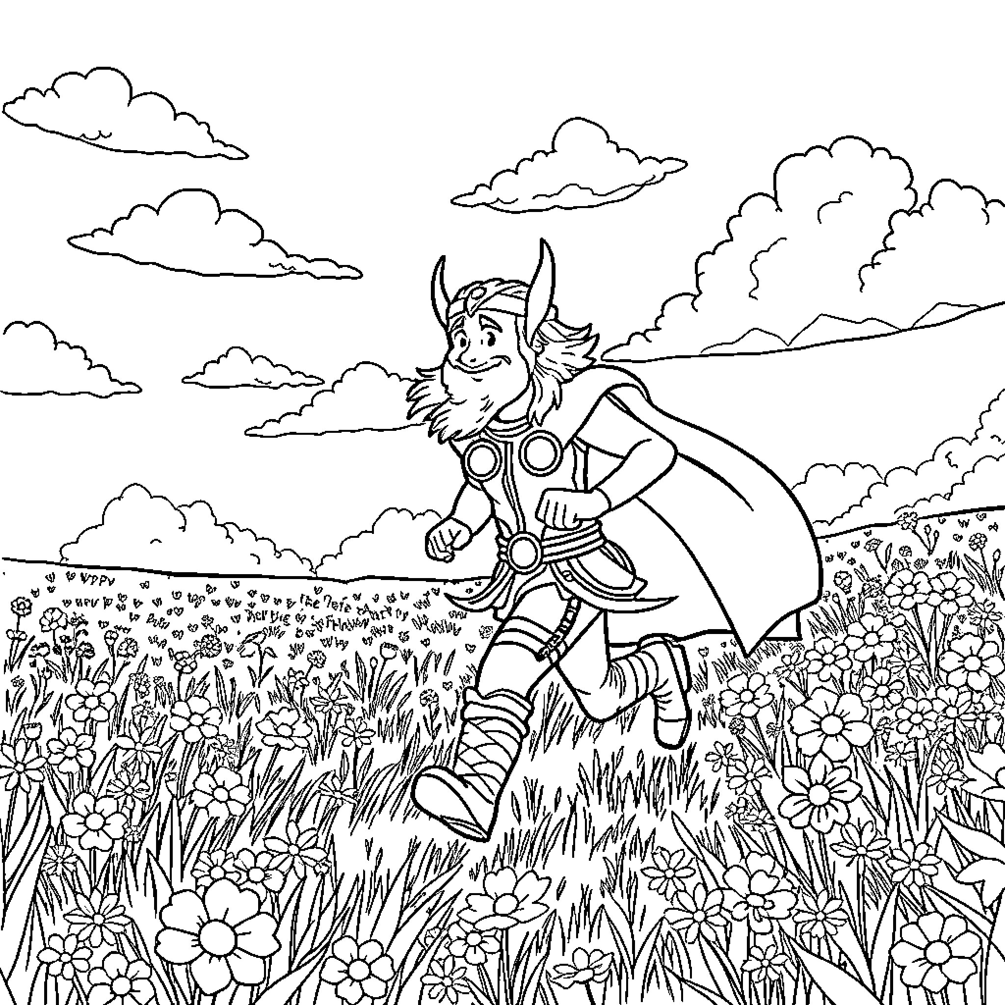 Thor charging through the enchanted meadow Coloring Page (free black-and-white line drawing printable PDF for all, from beginners to advanced learners, including children, teens, adults, and seniors)