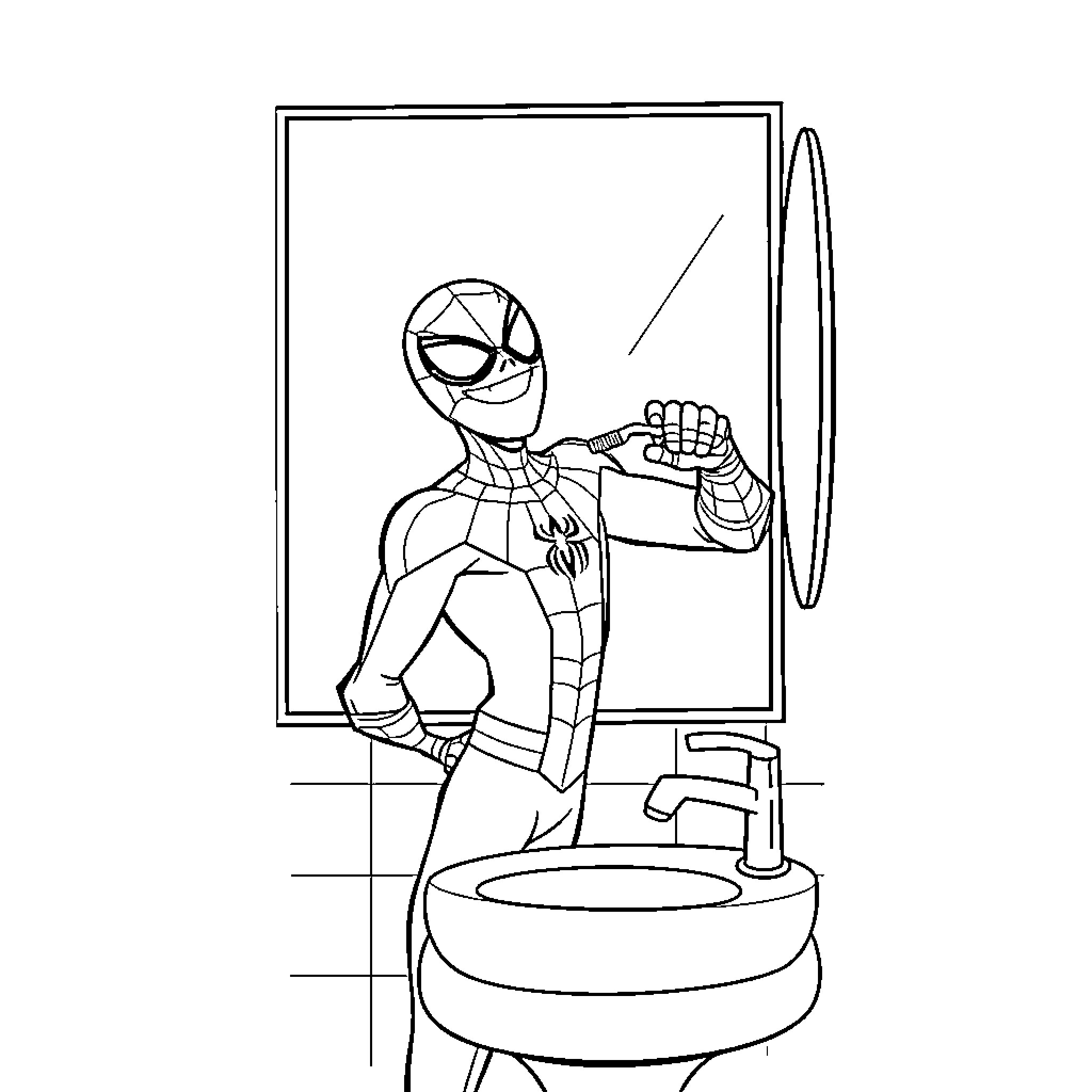 Spiderman Washing Hands in the Bathroom Coloring Page (free black-and-white line drawing printable PDF for all, from beginners to advanced learners, including children, teens, adults, and seniors)