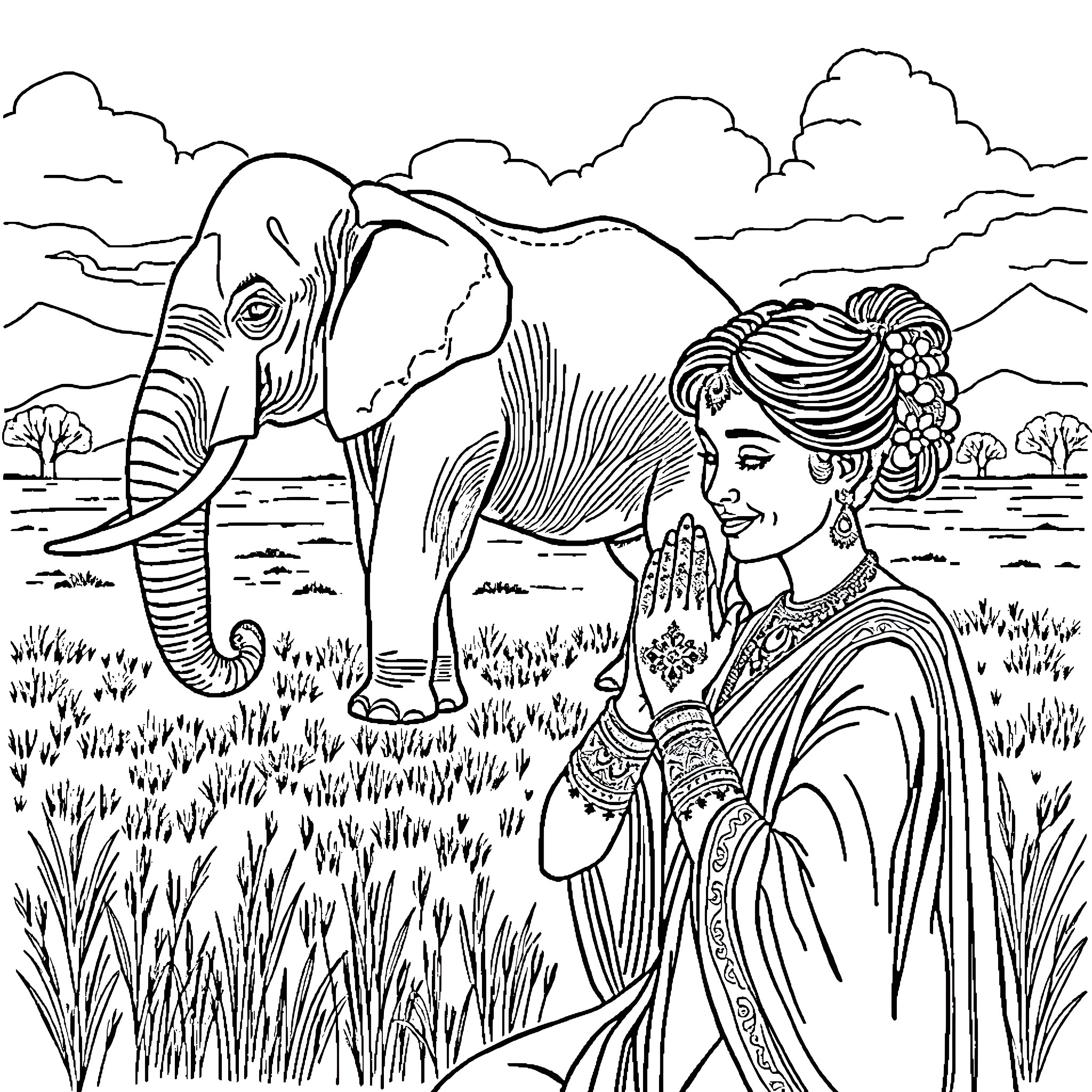 Girl meeting friendly elephant in scenic landscape Coloring Page (free black-and-white line drawing printable PDF for all, from beginners to advanced learners, including children, teens, adults, and seniors)
