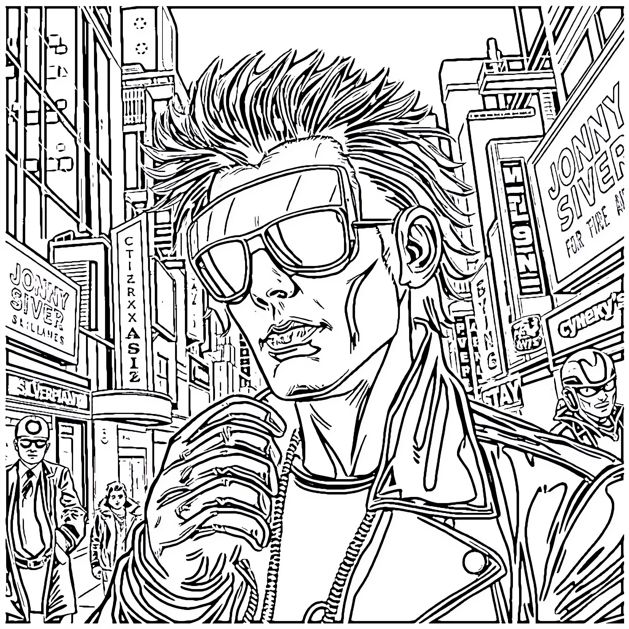 Johnny Silverhand in the City Chaos Coloring Page (free black-and-white line drawing printable PDF for all, from beginners to advanced learners, including children, teens, adults, and seniors)