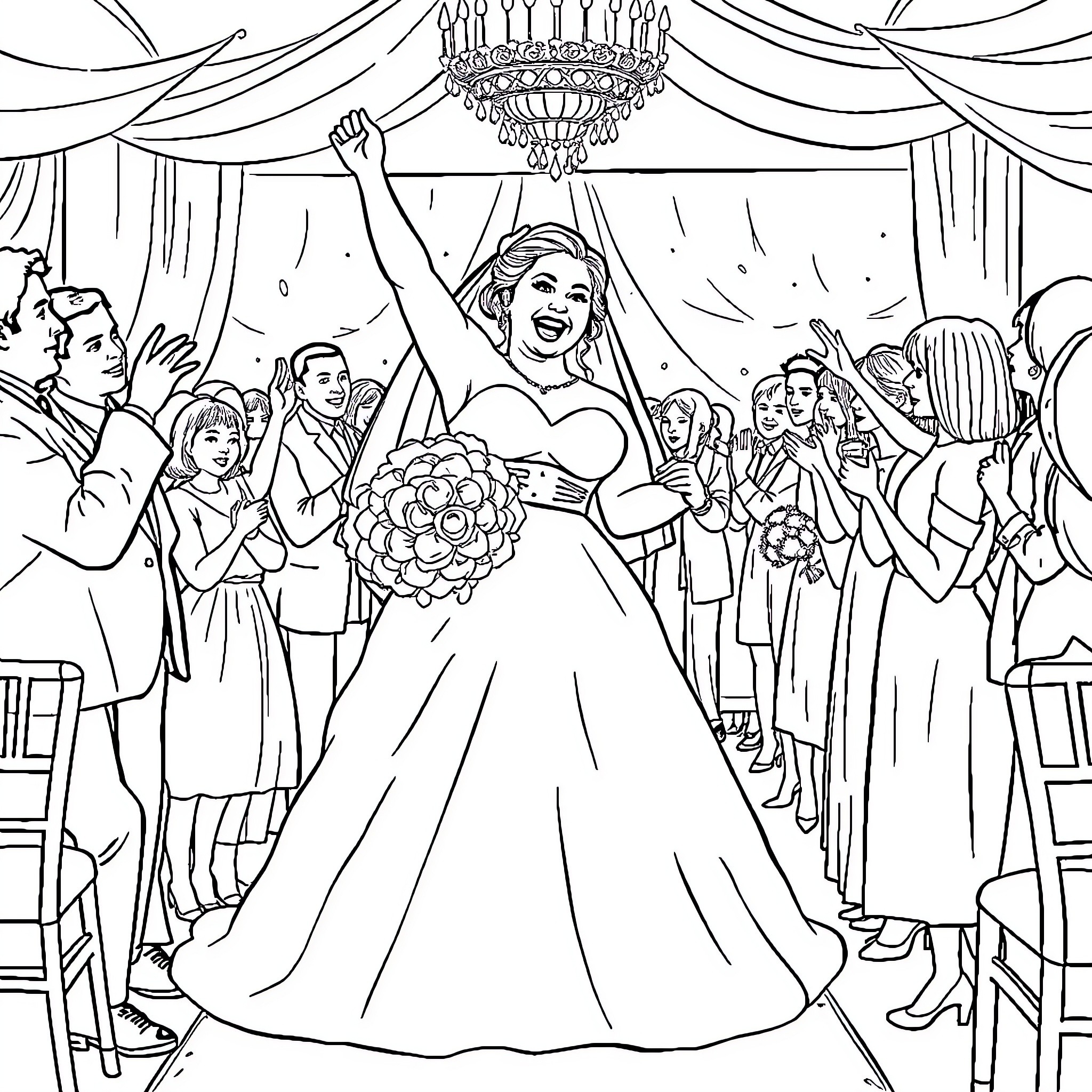 Bride's Joyful Celebration in a Formal Gathering Coloring Page (free black-and-white line drawing printable PDF for all, from beginners to advanced learners, including children, teens, adults, and seniors)