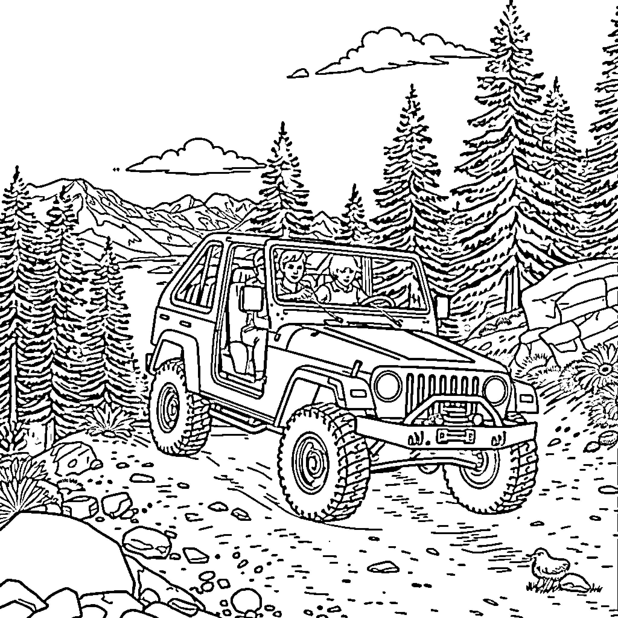 Car traveling through snowy mountain landscape Coloring Page (free black-and-white line drawing printable PDF for all, from beginners to advanced learners, including children, teens, adults, and seniors)