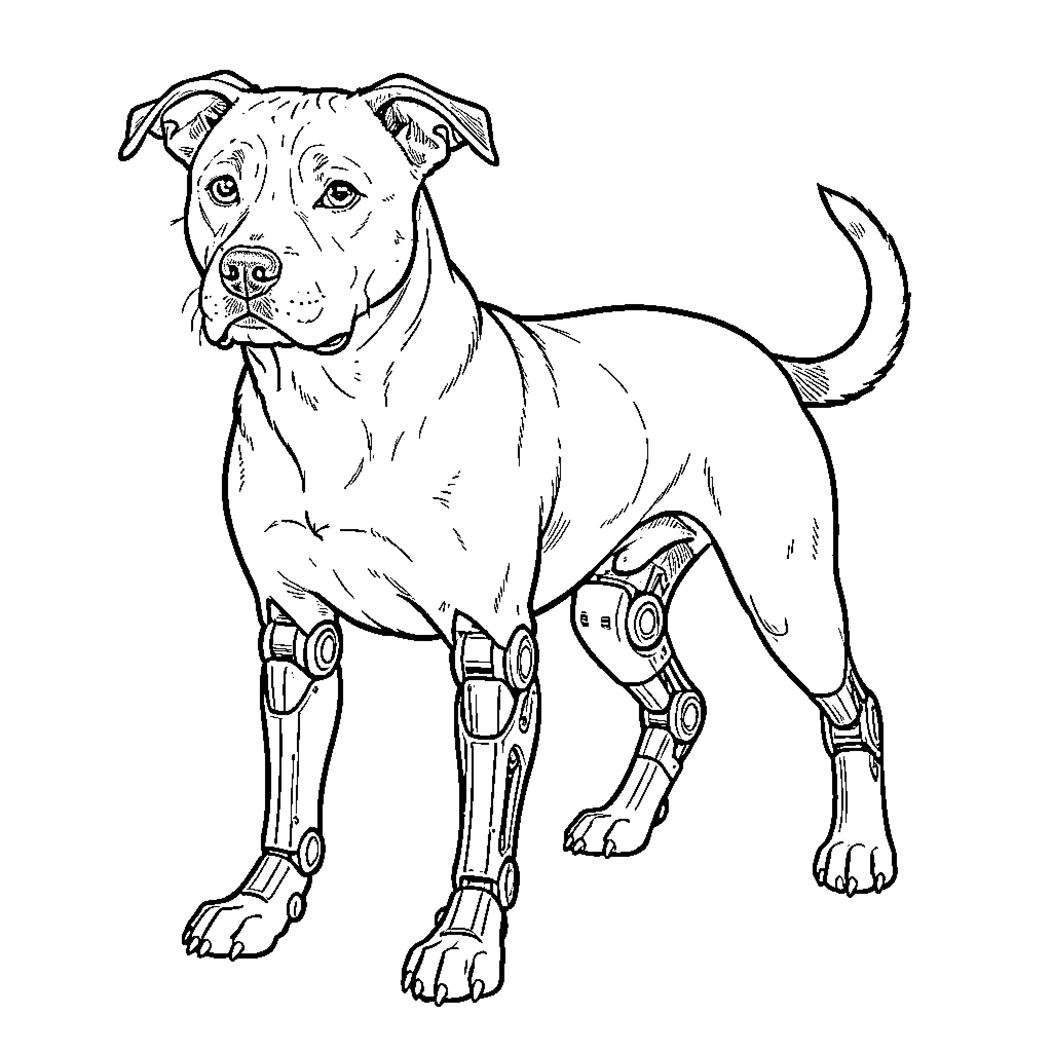 Staffy with robotic limbs in action Coloring Page (free black-and-white line drawing printable PDF for all, from beginners to advanced learners, including children, teens, adults, and seniors)