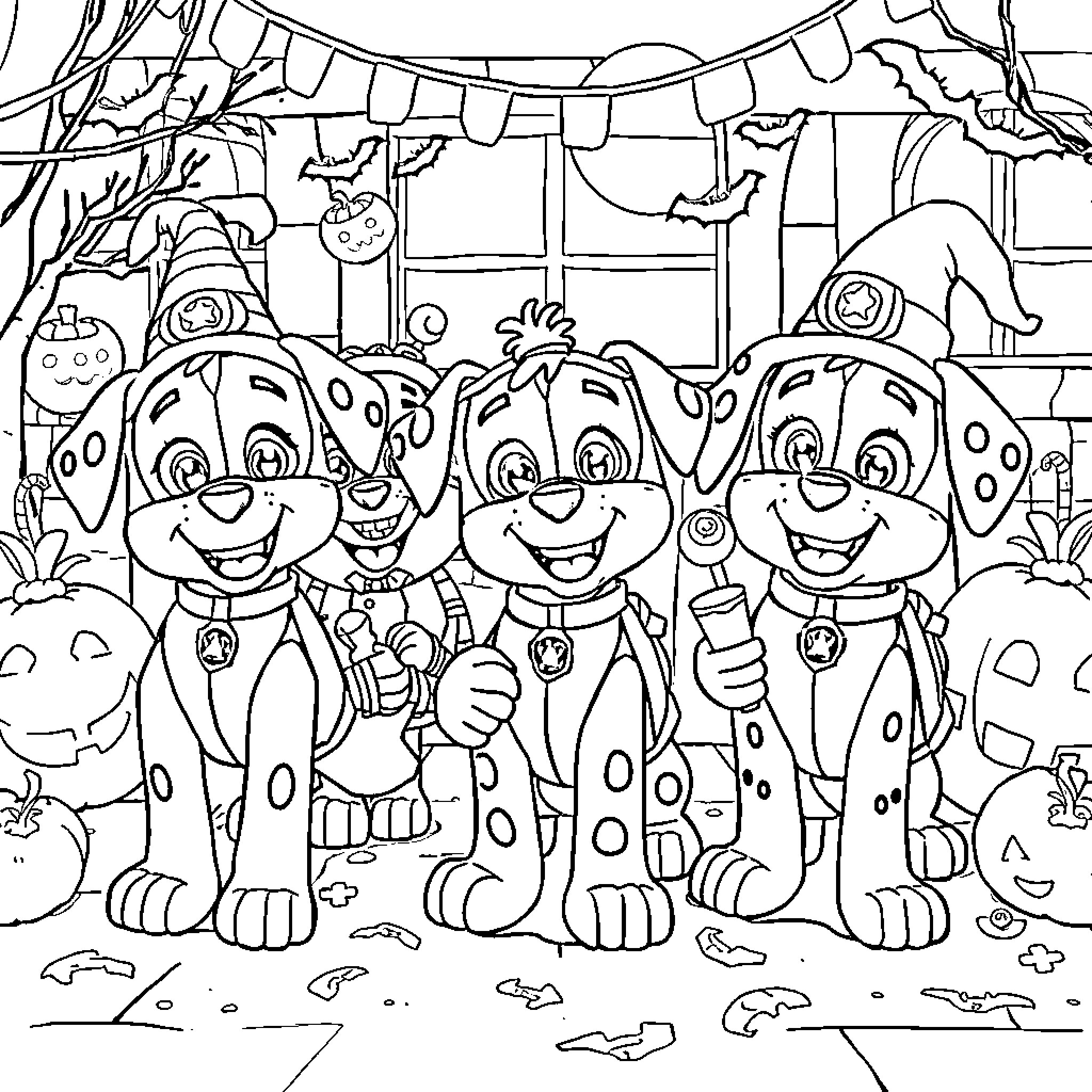Rubble of adorable paw patrol puppies in festive costumes Coloring Page (free black-and-white line drawing printable PDF for all, from beginners to advanced learners, including children, teens, adults, and seniors)