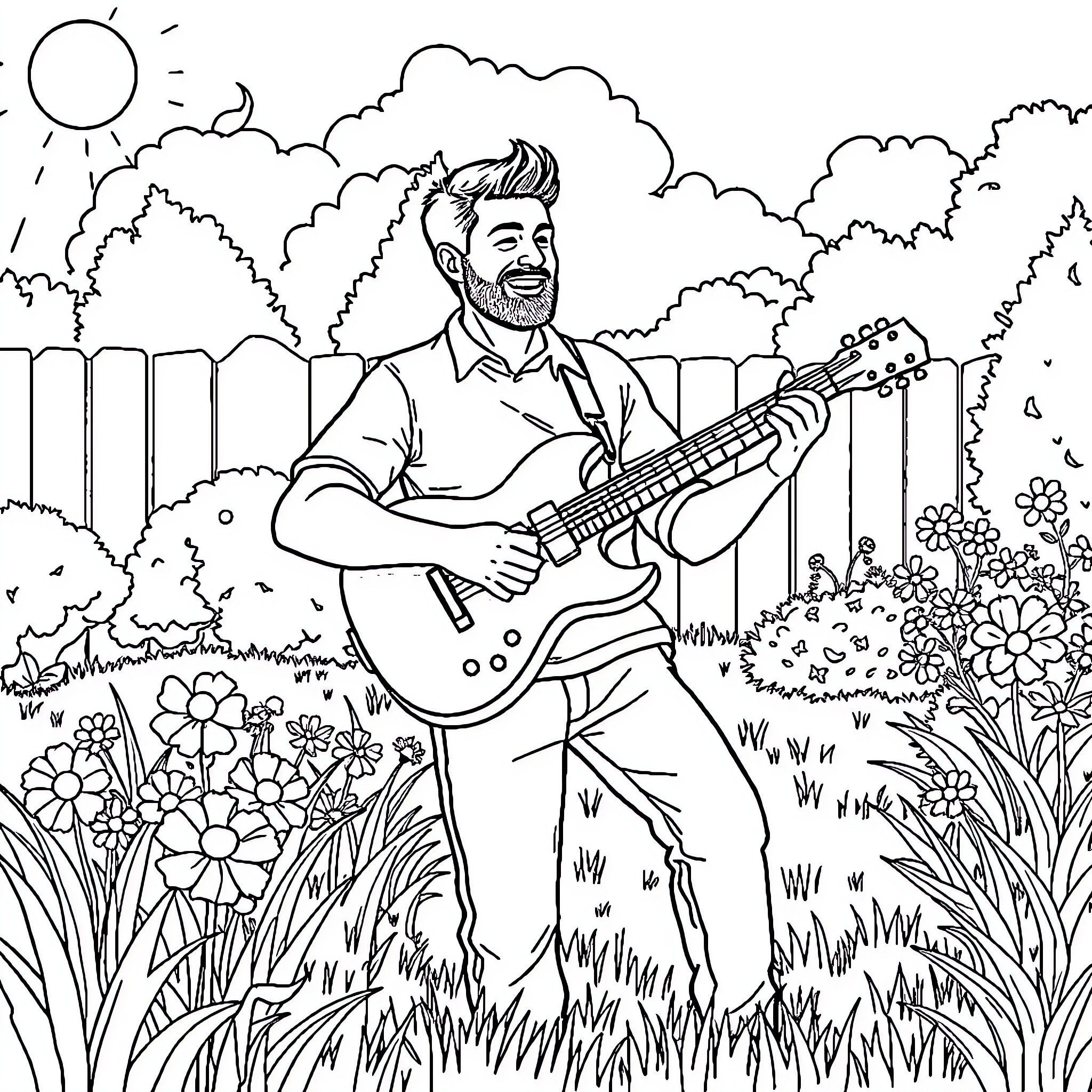 Man playing guitar in a lush garden Coloring Page (free black-and-white line drawing printable PDF for all, from beginners to advanced learners, including children, teens, adults, and seniors)