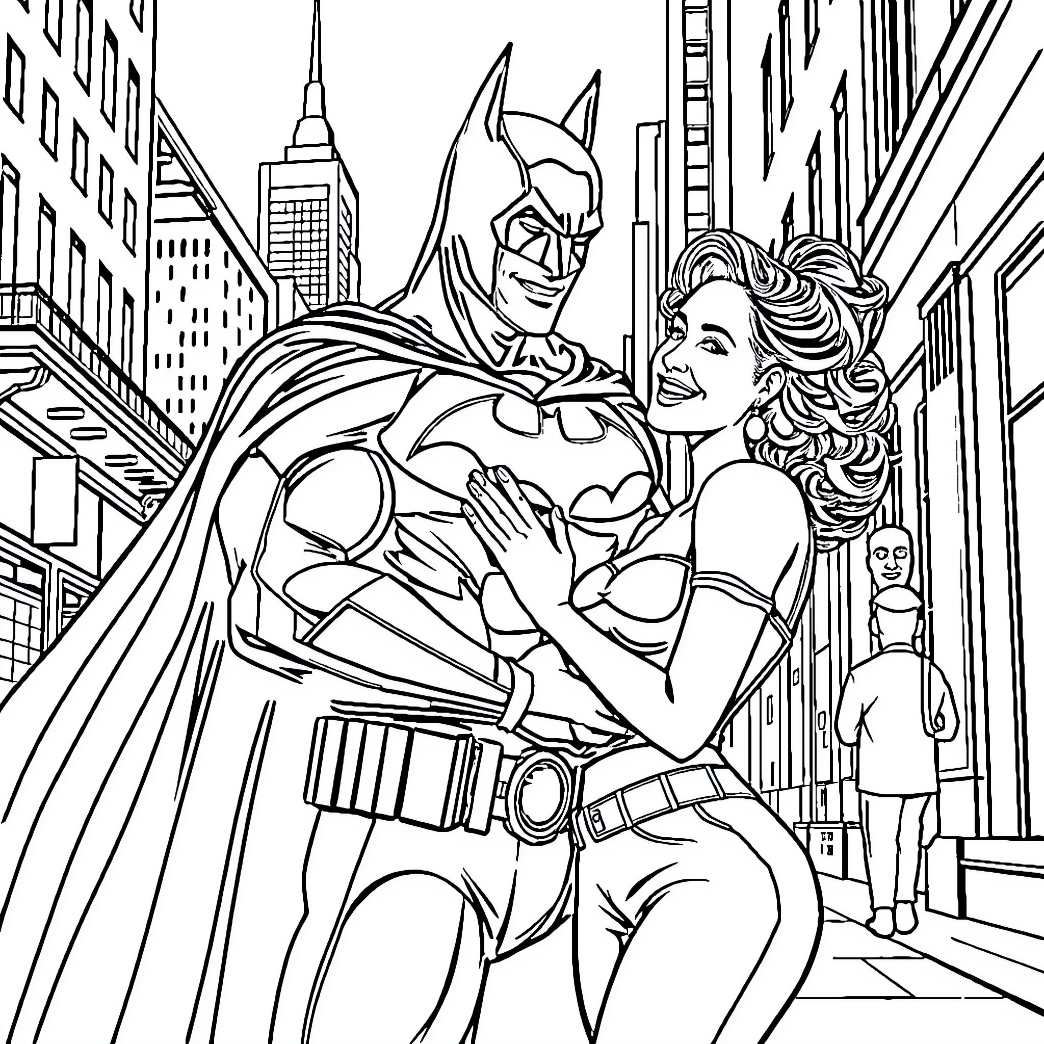 Batman and female companion in heroic city scene Coloring Page (free black-and-white line drawing printable PDF for all, from beginners to advanced learners, including children, teens, adults, and seniors)