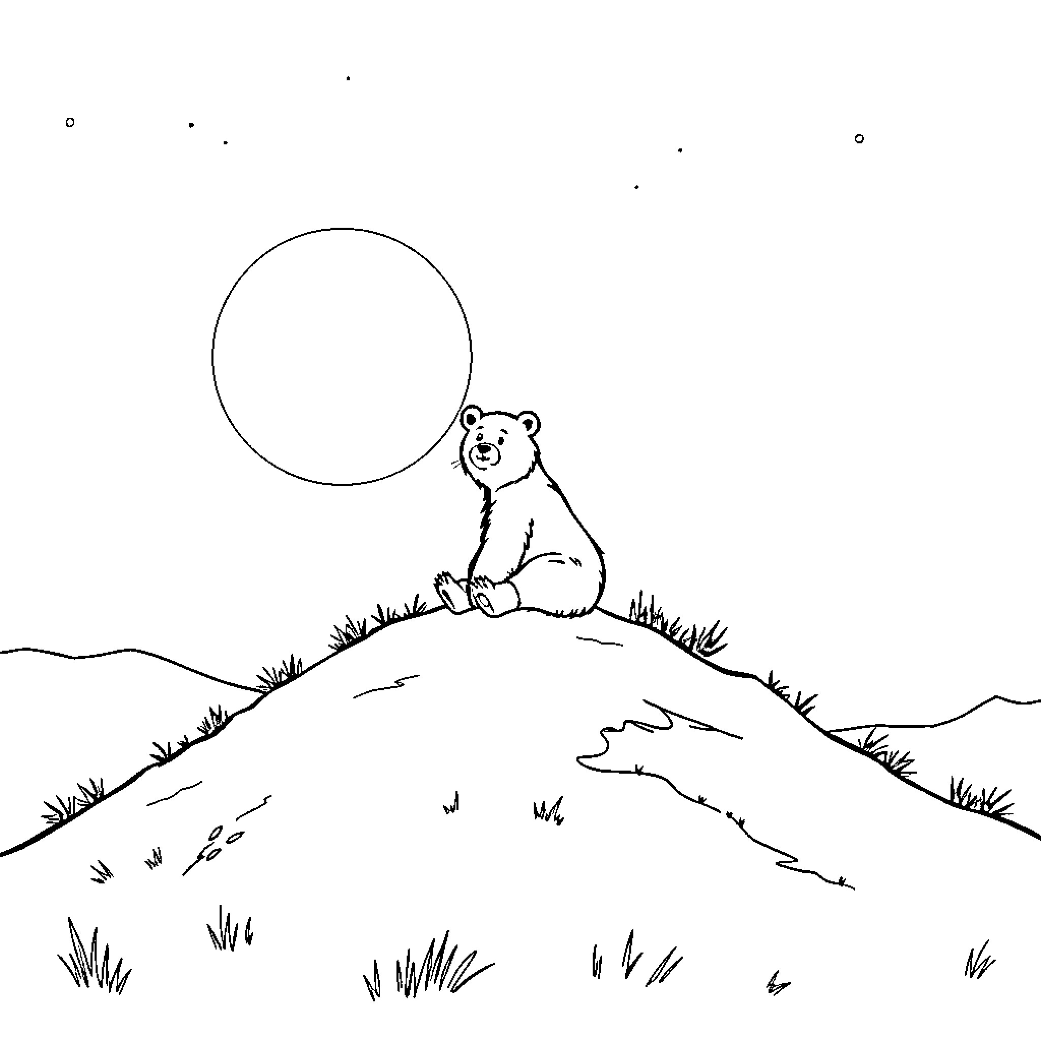 Bear sitting on a hill under the moon Coloring Page (free black-and-white line drawing printable PDF for all, from beginners to advanced learners, including children, teens, adults, and seniors)