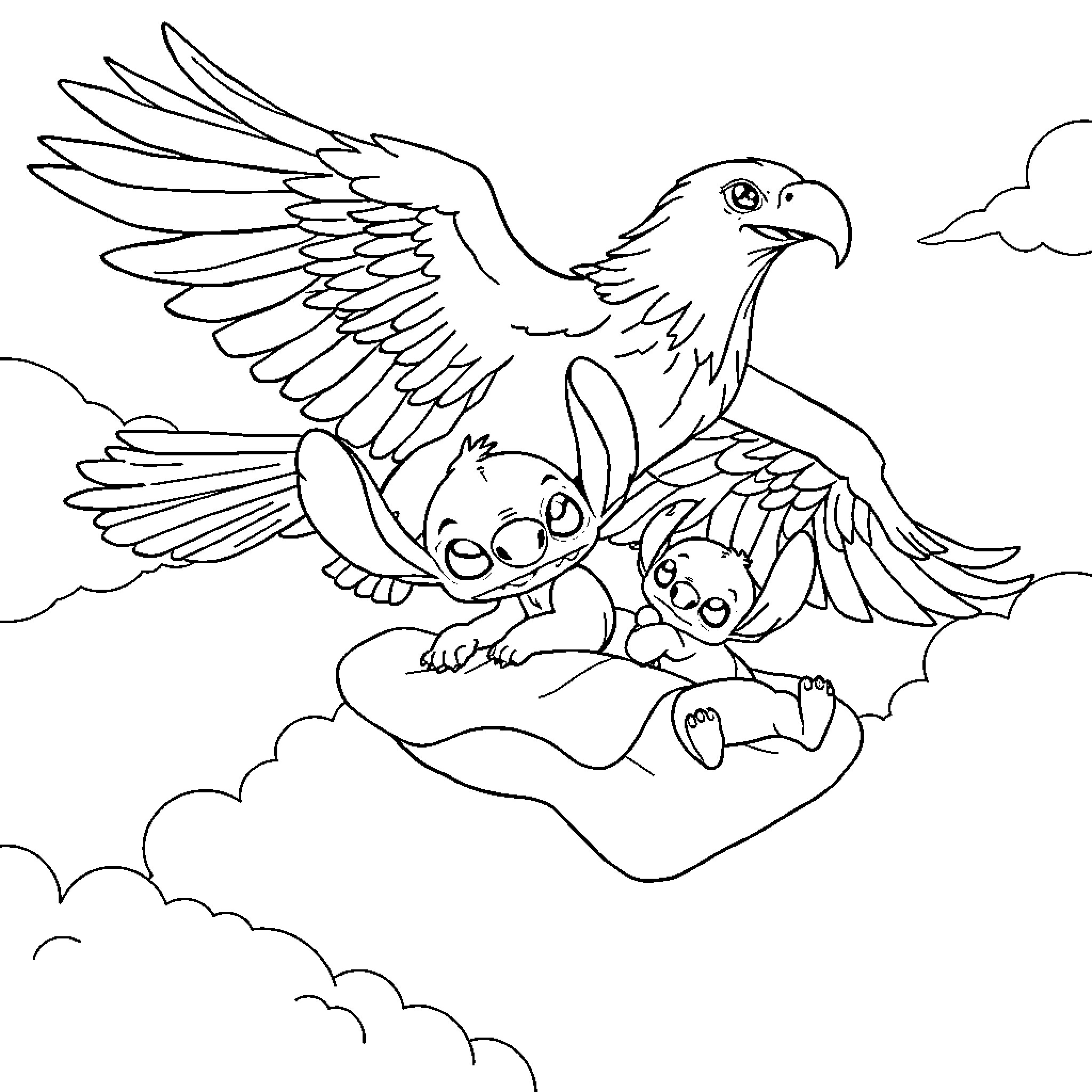 Eagle carrying adorable baby creatures in the sky Coloring Page (free black-and-white line drawing printable PDF for all, from beginners to advanced learners, including children, teens, adults, and seniors)