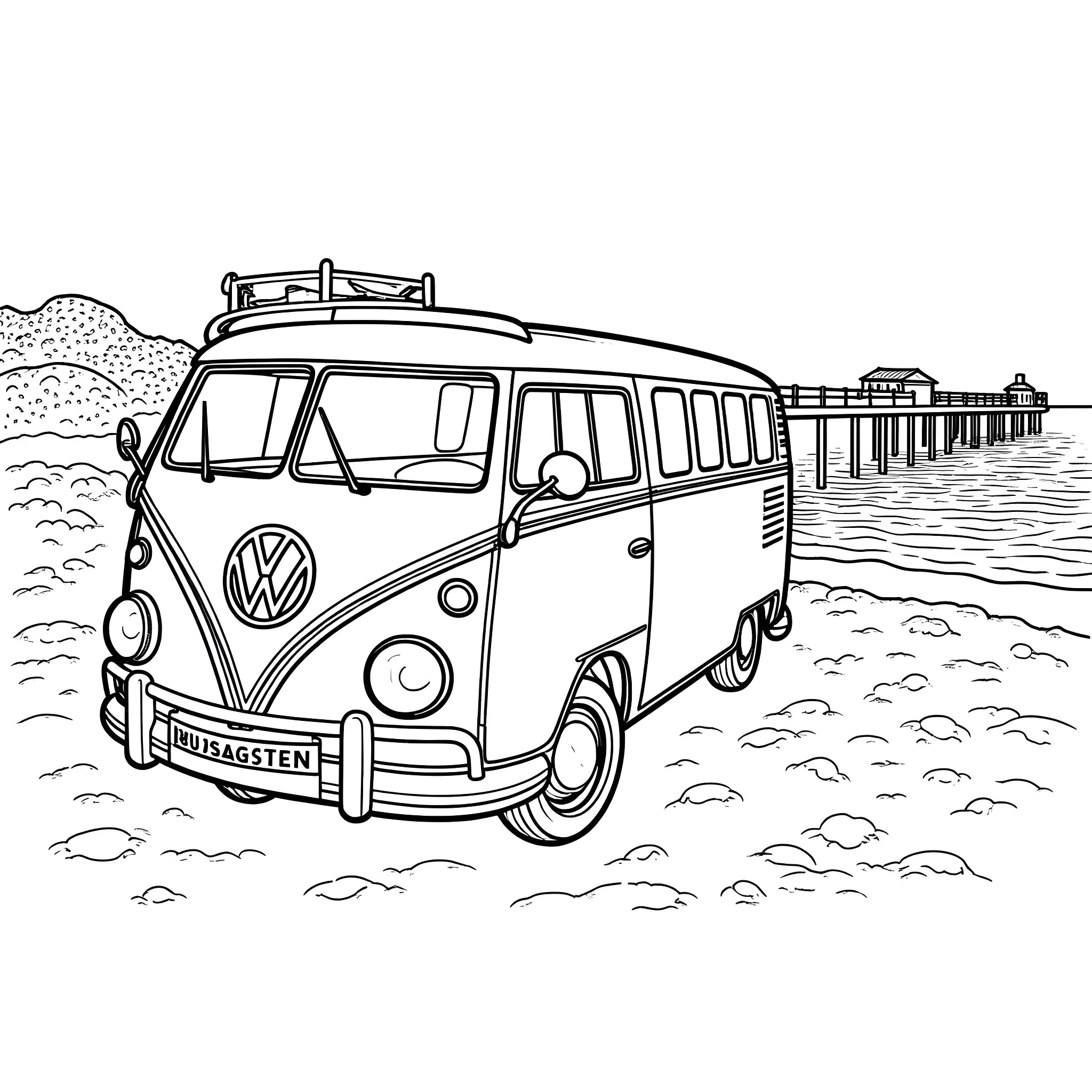 Volkswagen van by the seaside Coloring Page (free black-and-white line drawing printable PDF for all, from beginners to advanced learners, including children, teens, adults, and seniors)