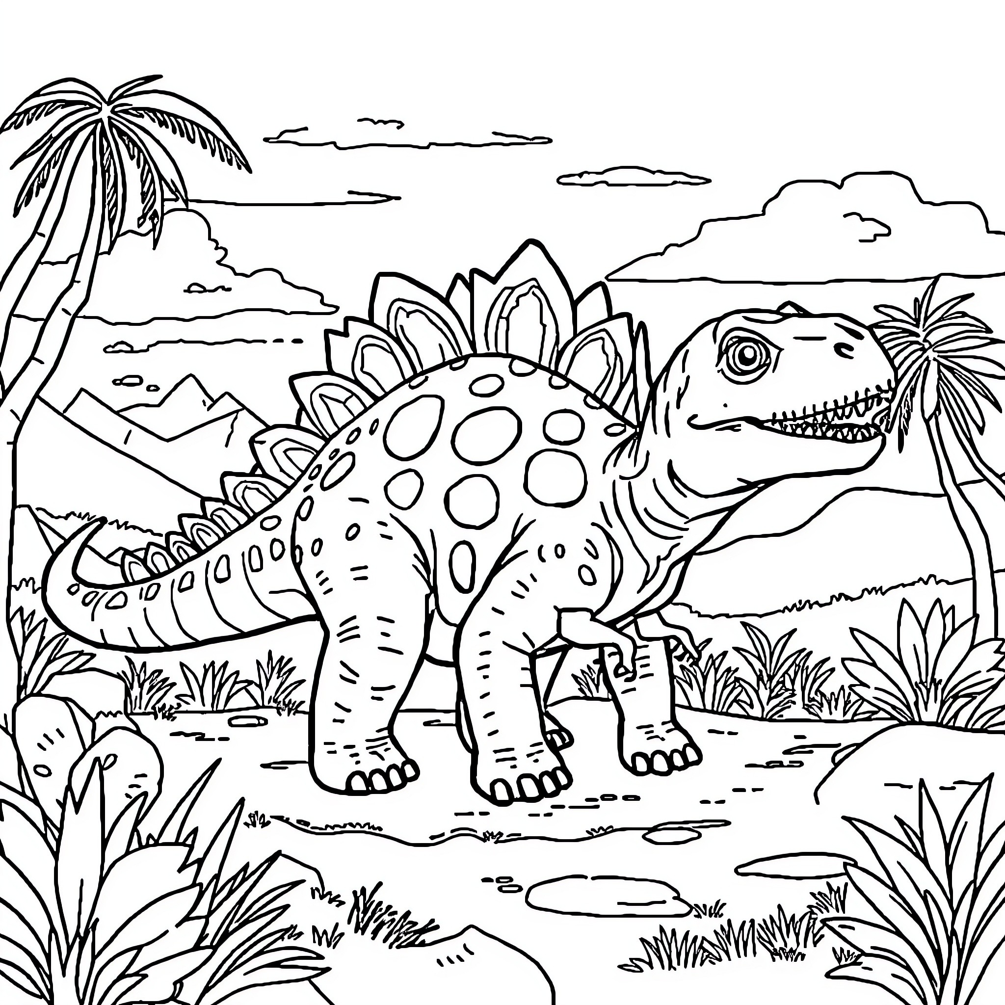 Ankylosaurus exploring the prehistoric landscape Coloring Page (free black-and-white line drawing printable PDF for all, from beginners to advanced learners, including children, teens, adults, and seniors)