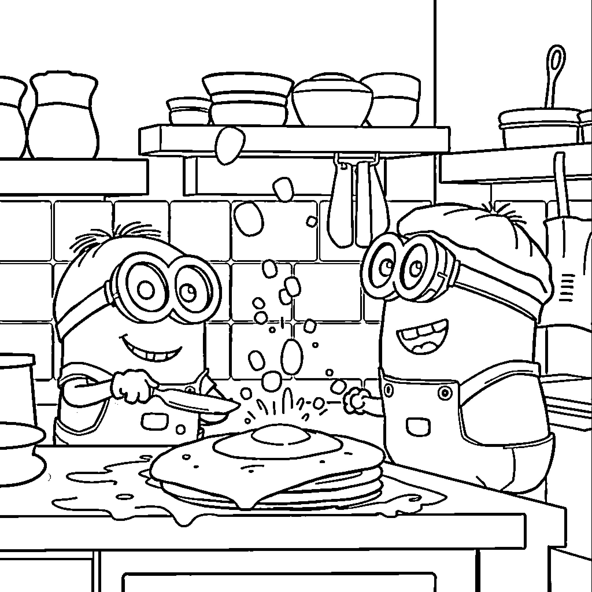 Minions Cooking Up Delicious Treats in the Kitchen Coloring Page (free black-and-white line drawing printable PDF for all, from beginners to advanced learners, including children, teens, adults, and seniors)