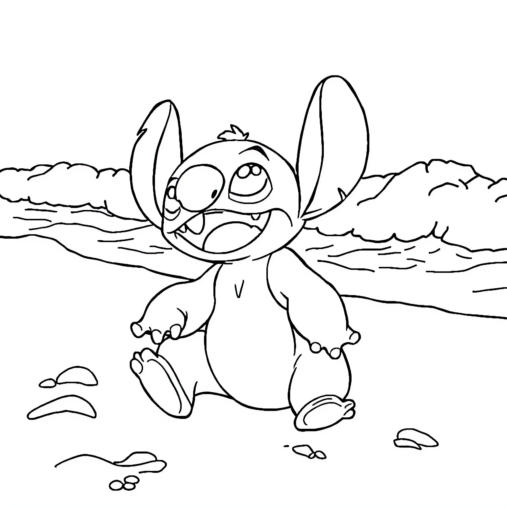Stitch enjoying a playful day at the beach Coloring Page (free black-and-white line drawing printable PDF for all, from beginners to advanced learners, including children, teens, adults, and seniors)