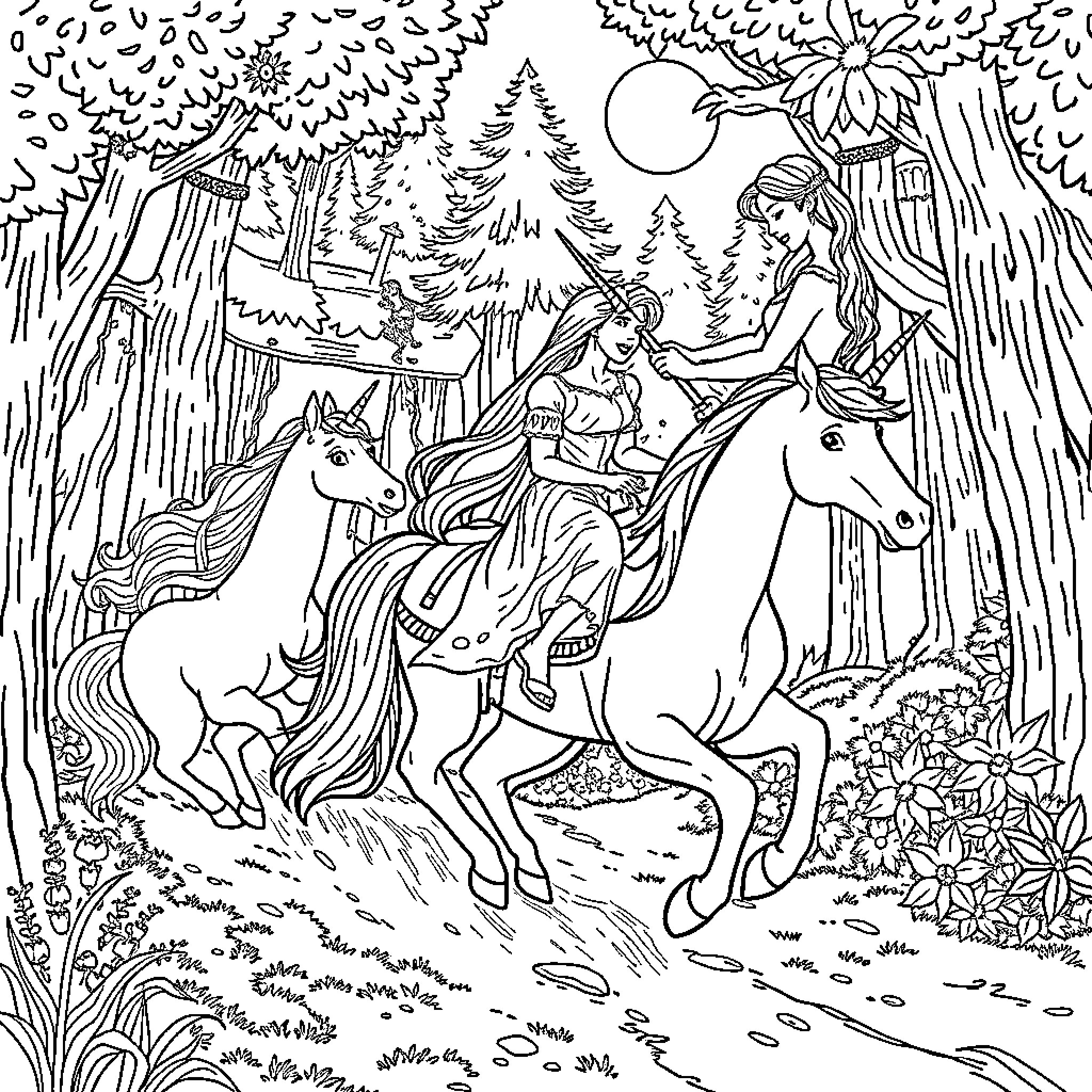Rapunzel riding magical horses through enchanted forest Coloring Page (free black-and-white line drawing printable PDF for all, from beginners to advanced learners, including children, teens, adults, and seniors)