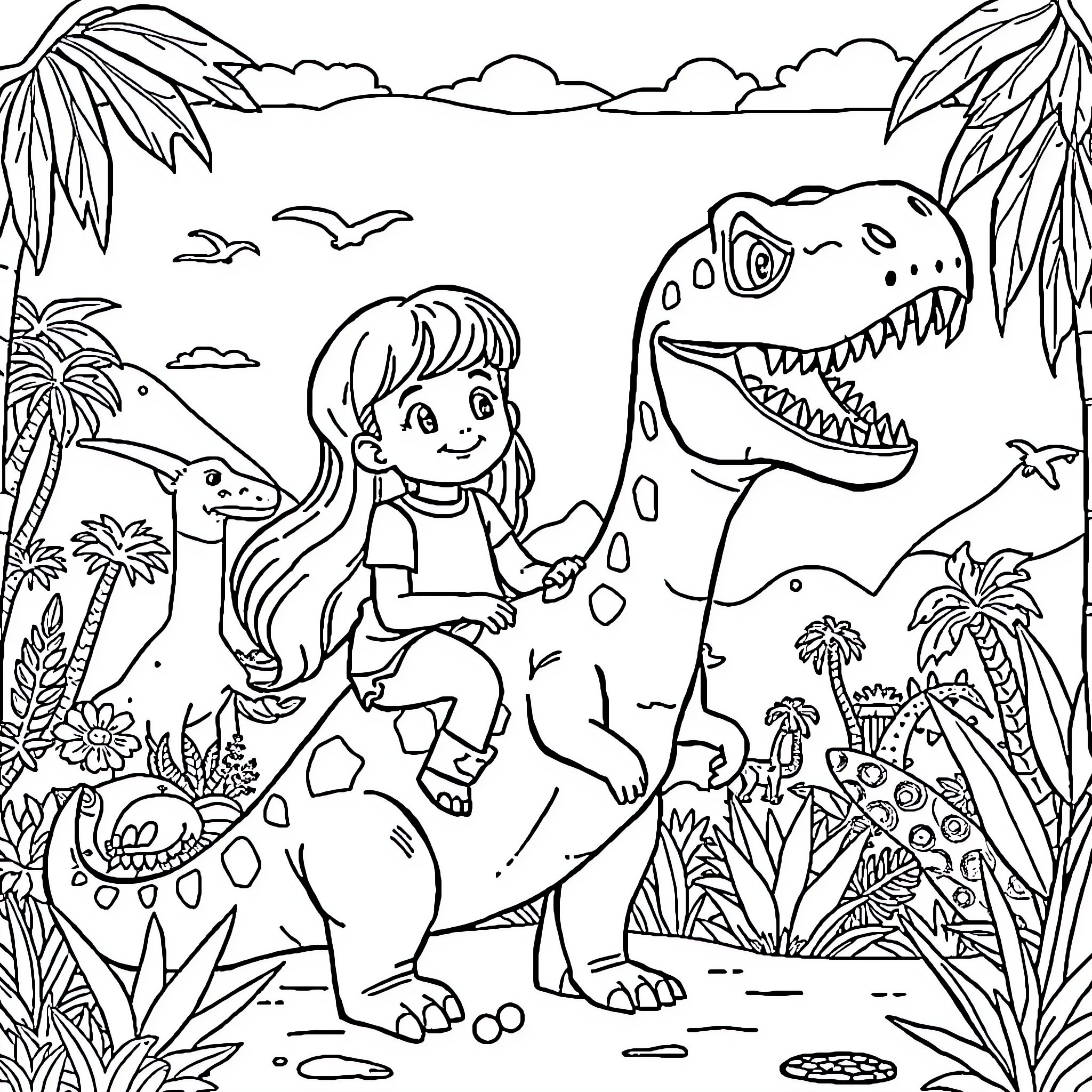 Dinosaur and Girl Having Fun in Tropical Landscape Coloring Page (free black-and-white line drawing printable PDF for all, from beginners to advanced learners, including children, teens, adults, and seniors)
